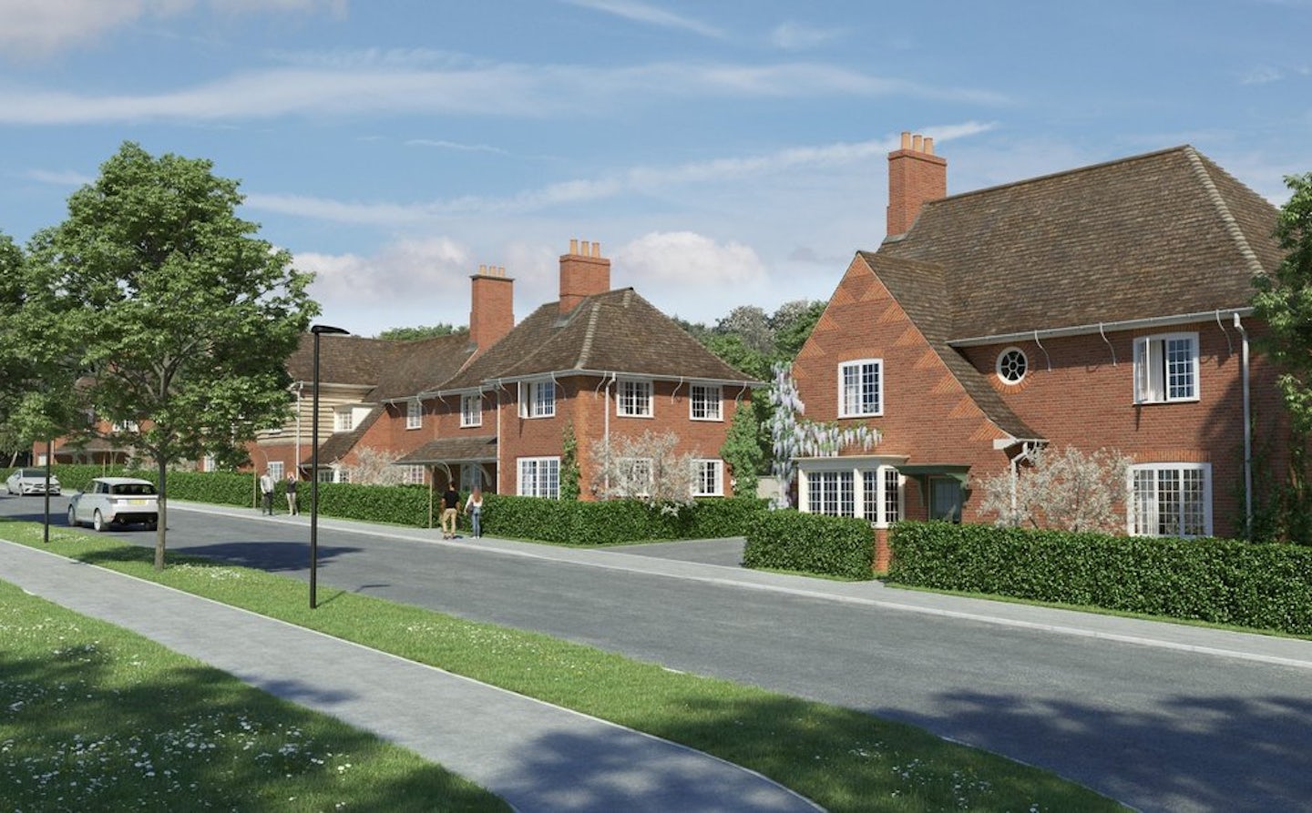 CGI of Welborne Garden Village. A quiet residential street lined with red-brick houses featuring pitched roofs and chimneys. Green hedges frame the front gardens, and trees stand along the sidewalk. A car is parked on the left side, while a few pedestrians stroll under a mostly clear sky with a few clouds.