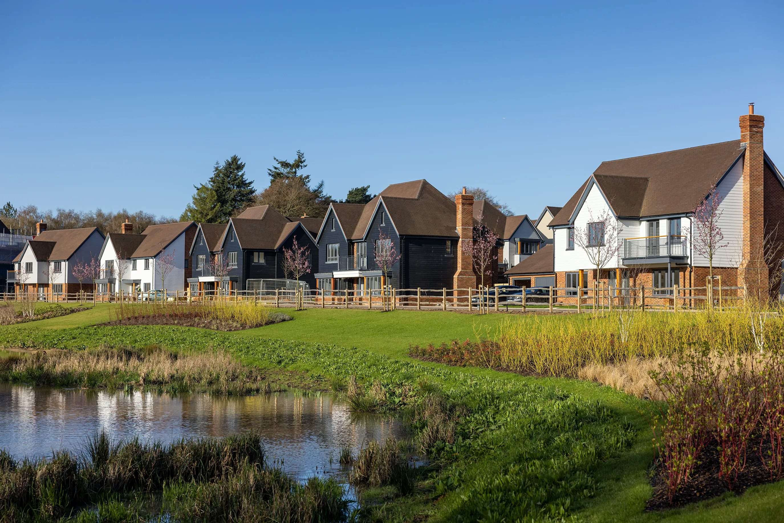 The image shows a row of modern Thakeham built houses with pitched roofs and large windows, situated at Woodgate. The houses are surrounded by well-maintained lawns and a wooden fence. In the foreground, there's a pond with vegetation around it, reflecting the houses and the clear blue sky.