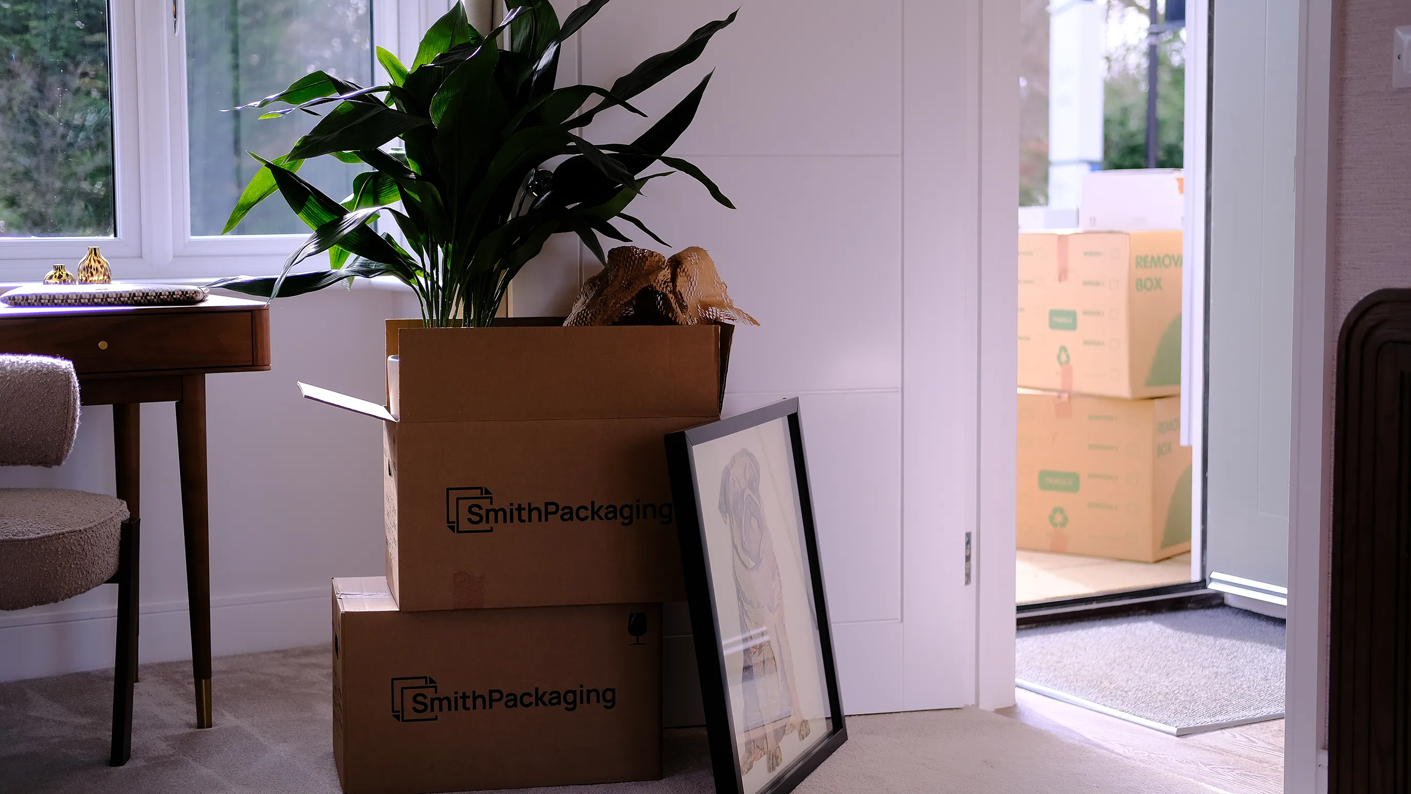Boxes, plants and pictures are placed in the doorway of a living room. The front door is open and boxes can be seen outside.