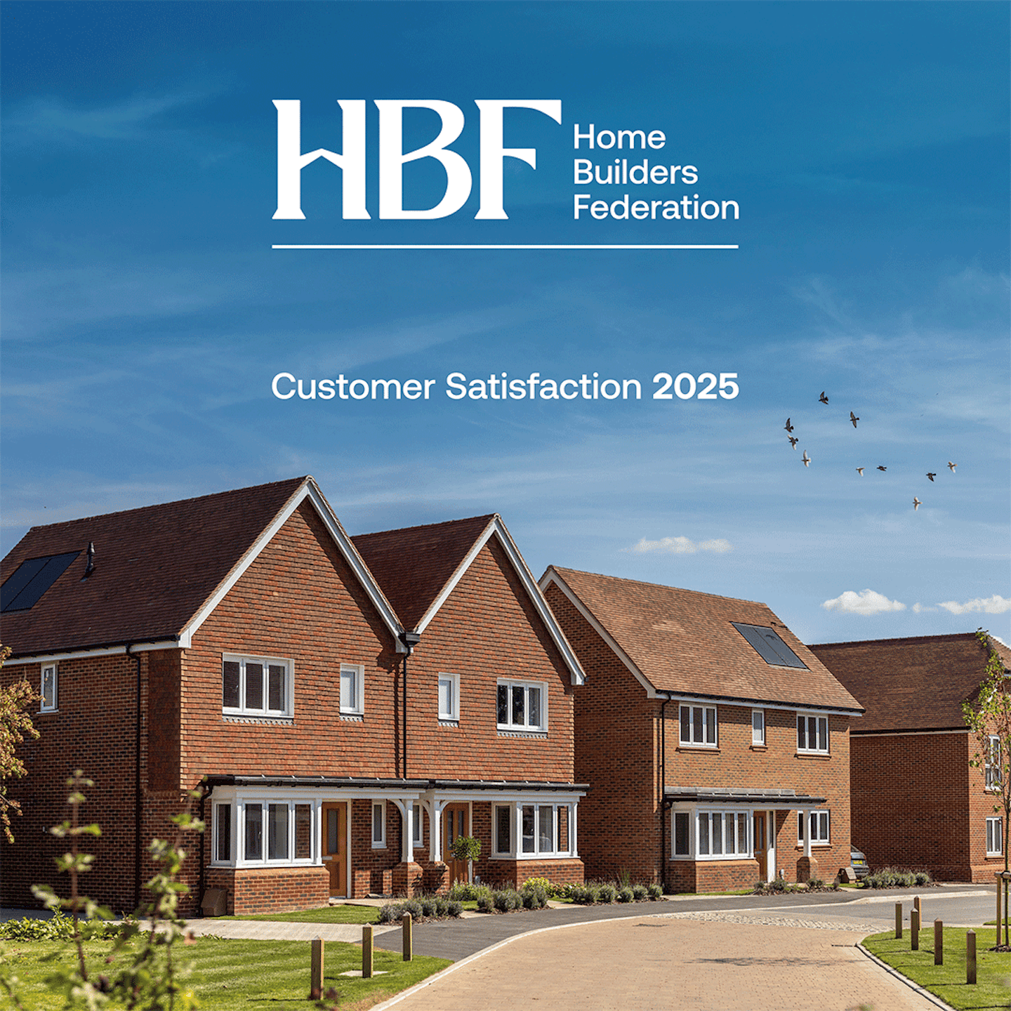 Animated logo for five stars customer satisfaction 2025 awarded by the home builders federation. A row of houses can be seen behind the logo.