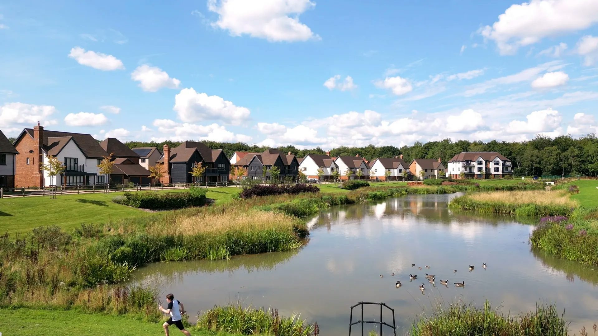 A row of black and white clad new family homes line the edge of a large lake. Ducks are on the water and a boy runs along the bank.