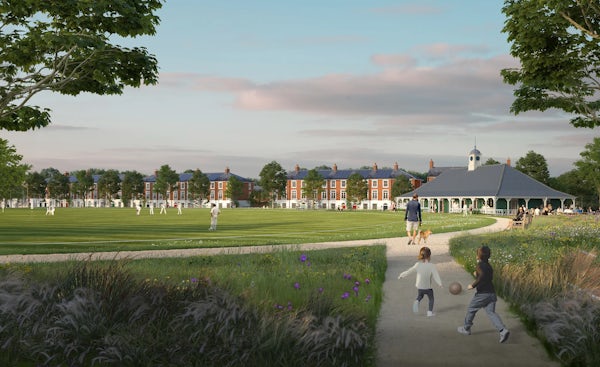 A CGI design of Wealdcross by architect Ben Pentreath. A well-maintained green cricket field in a park, with players engaged in a match. Surrounding the field are red-brick residential buildings with white accents. On the right, a pavilion with a clock tower has people gathered. In the foreground, two children walk along a path, one holding a ball. The park features lush greenery, trees, and flowering plants. The sky is partly cloudy with soft, warm light, suggesting late afternoon.