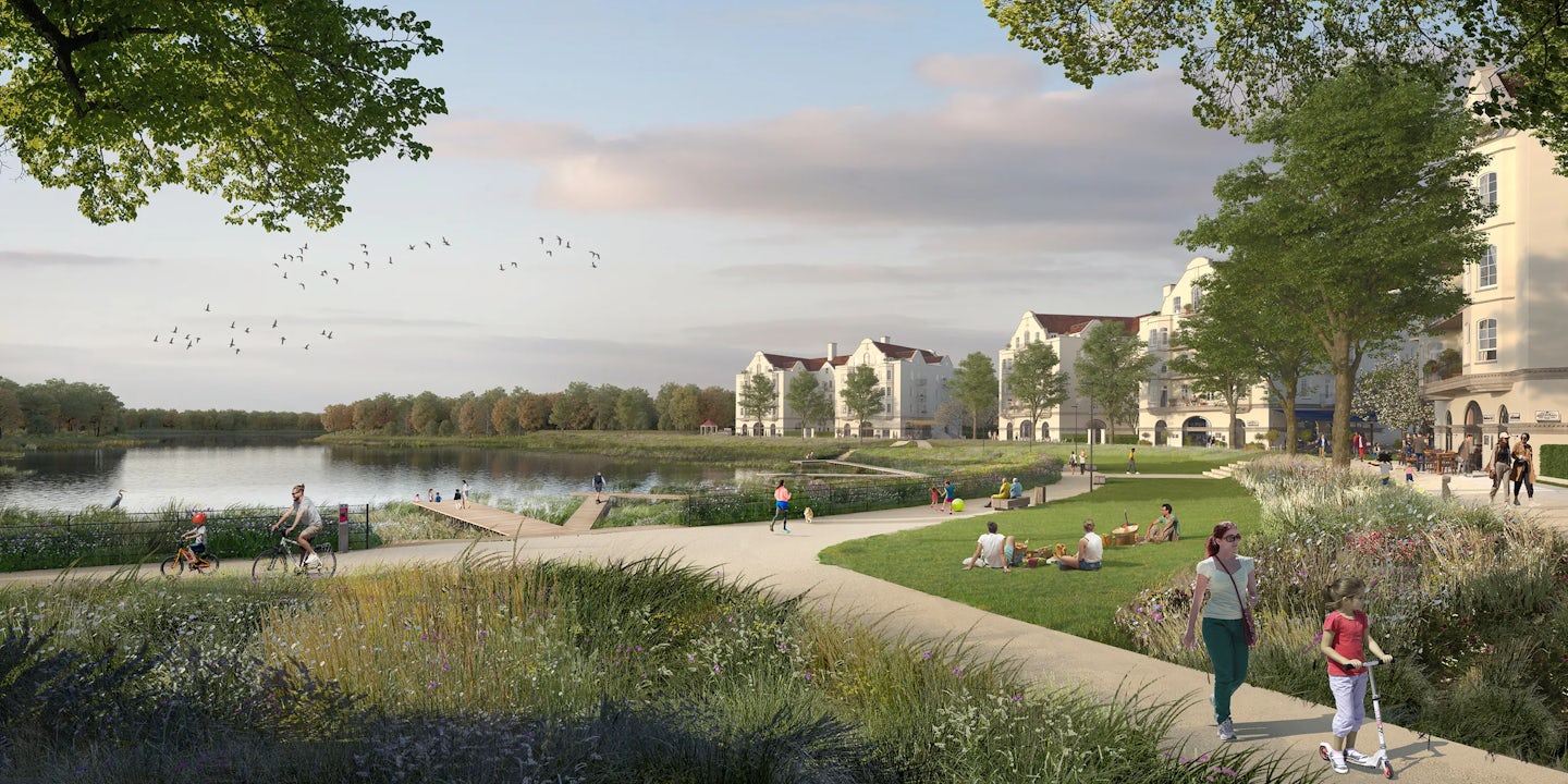 A CGI design of Wealdcross by architect Ben Pentreath. A mixed-use development featuring Georgian-style architecture. The buildings have classic brick facades, symmetrical window arrangements, and decorative cornices, evoking a historic aesthetic. The area includes well-maintained pathways, greenery, and a body of water. People are cycling, walking, and sitting on the grass, contributing to a lively atmosphere. The traditional design blends with modern urban planning, offering a balance of commercial and residential spaces.