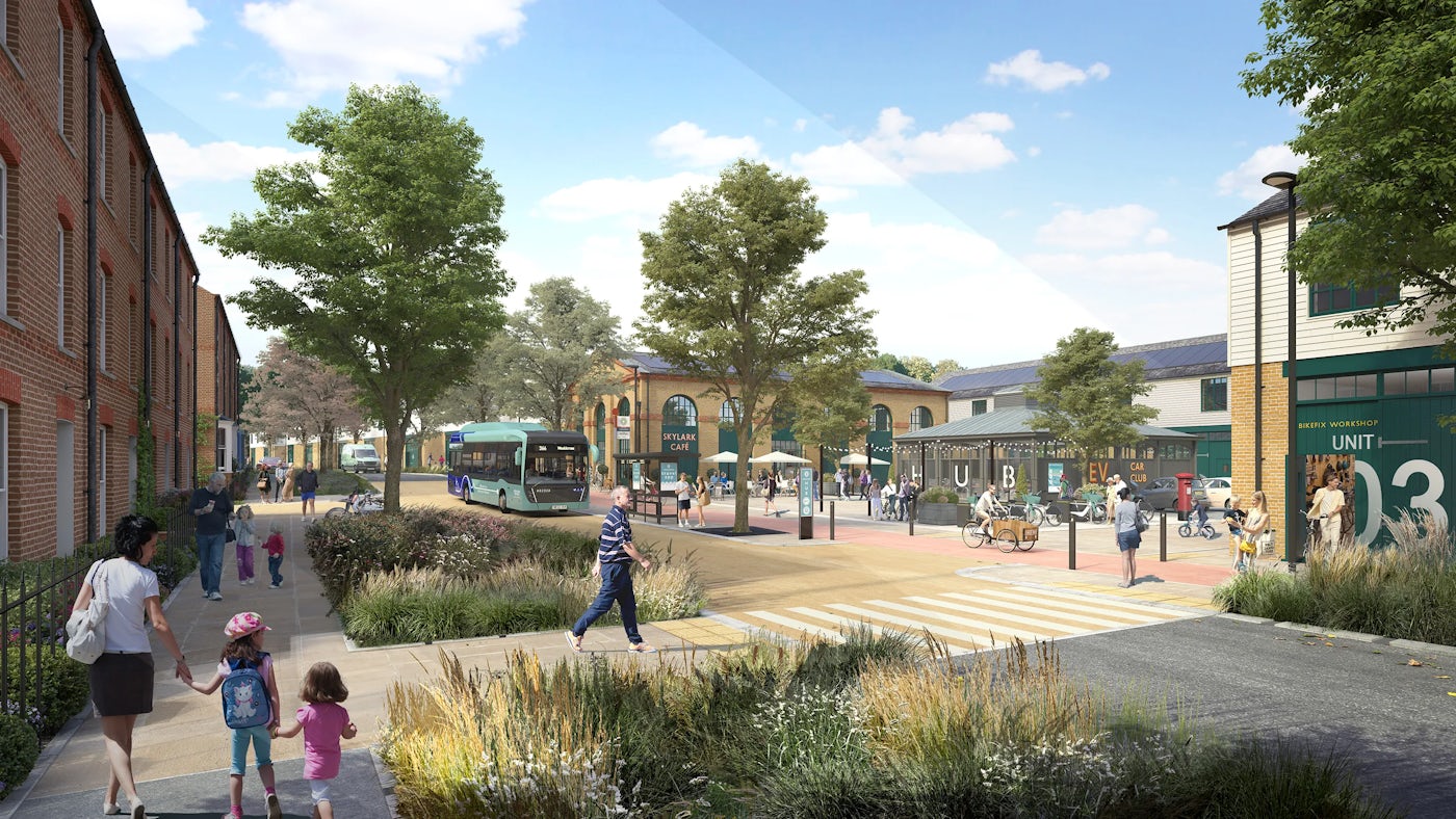 A CGI design of Wealdcross by architect Ben Pentreath. A bustling urban village centre featuring pedestrians, cyclists, and a bus in a landscaped community area. The environment includes modern buildings, such as one labelled "UNIT 03" and signage for "UBEV." Trees and plants frame the setting, while people engage in walking, cycling, and interacting, emphasizing a sustainable and community-focused urban design.