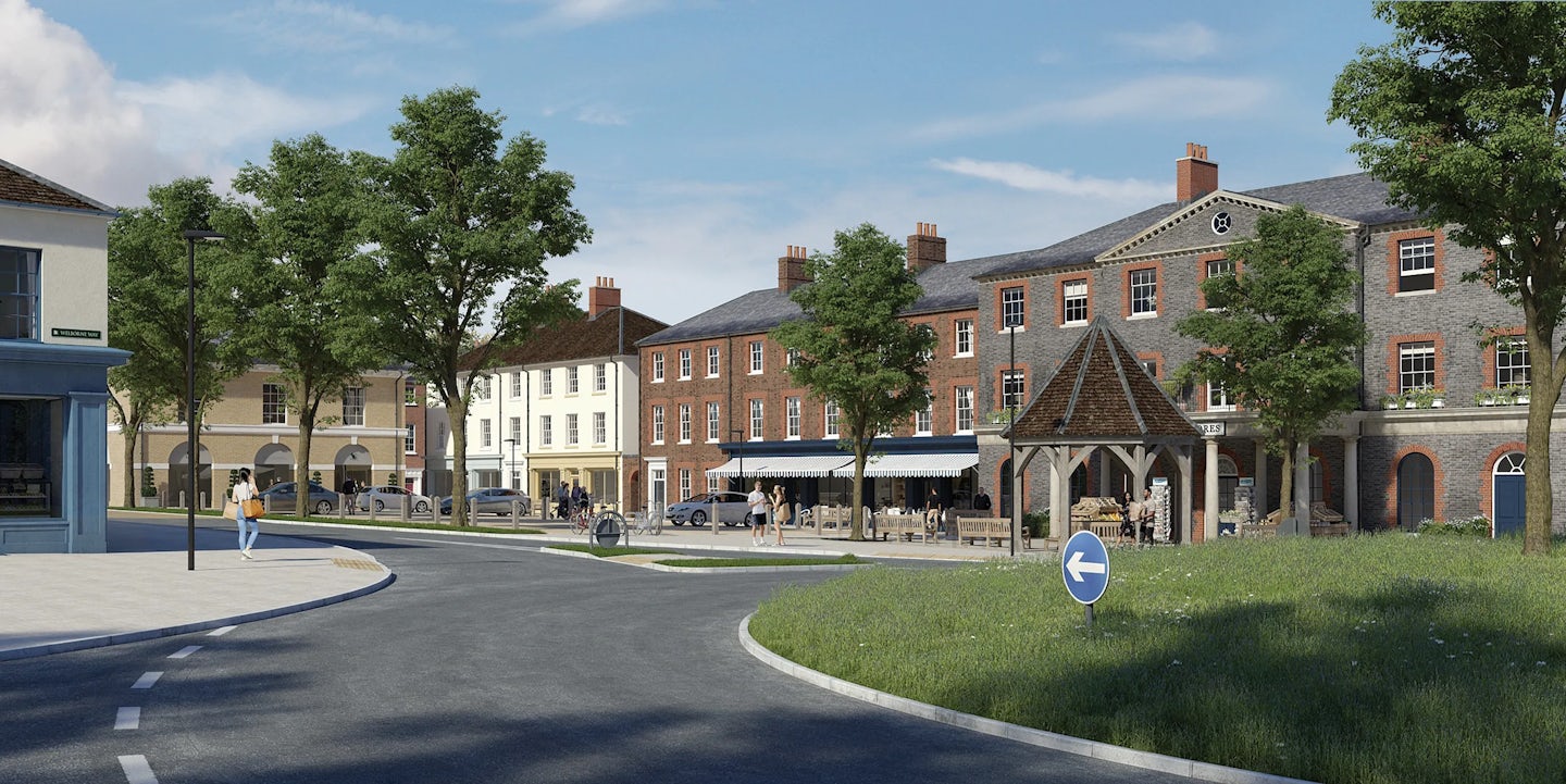 CGI of Welborne Village Centre. A lively town square blends historical and modern architecture. Brick buildings with arched windows and pastel-colored facades frame the scene, while a triangular-roofed central structure suggests a market or gathering spot. Lush trees provide shade, and pedestrians along with cyclists contribute to the dynamic, community-focused atmosphere.