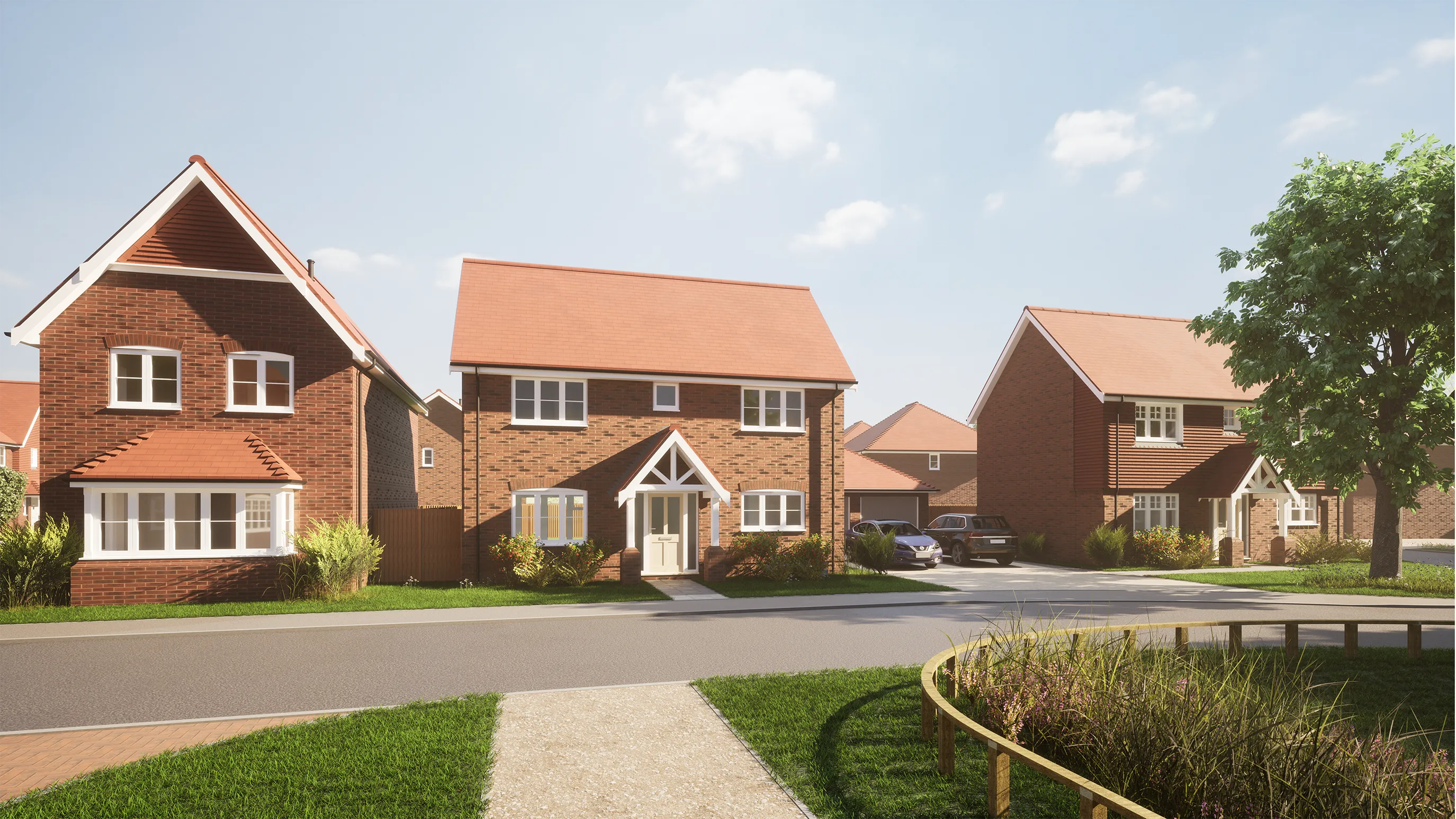 CGI of A suburban neighborhood with detached houses featuring red-tiled roofs and brick exteriors. A paved road runs in front of the houses, with a sidewalk bordered by grassy areas and plants. The scene includes trees and shrubs, and the sky is mostly clear with a few scattered clouds. No visible people or vehicles.