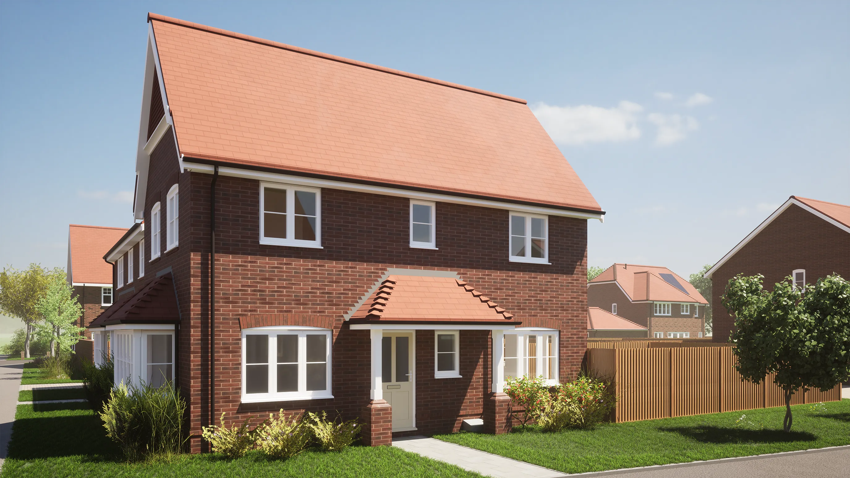 CGI of A modern suburban house with a red-tiled roof and brick exterior stands in a residential neighborhood. The two-story home has white-framed windows and a small front porch with a white door. The front lawn is neatly maintained with green grass and shrubs. Other similar houses appear in the background