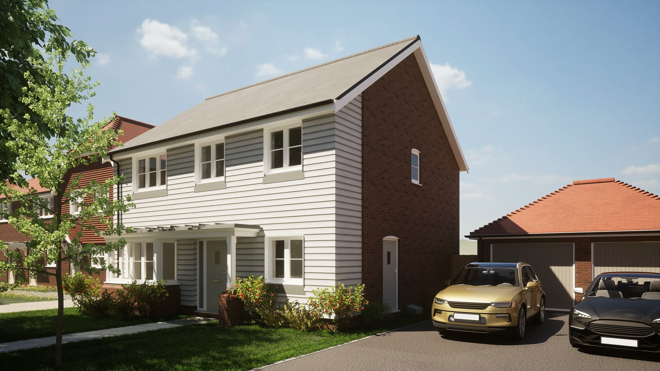 CGI of a modern suburban house with a white exterior and a brick side wall. The two-story home features multiple windows, a front door with a small porch, and a driveway with two parked cars—one gold, one black. A garage with a red roof sits in the background, surrounded by greenery, including bushes and a tree. The sky is clear with a few clouds, indicating a sunny day.
