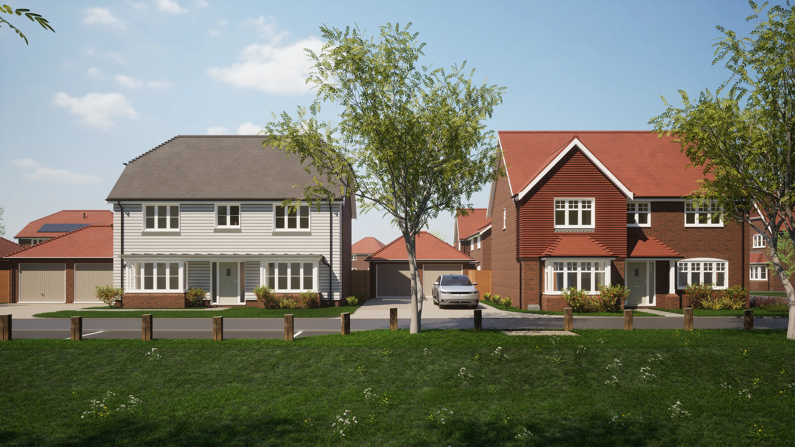 CGI of A suburban neighborhood with two houses is featured. The house on the left has a light-colored exterior and a grey roof, while the house on the right has a red brick facade and a red roof. Both homes have well-maintained front lawns and driveways, with a car parked in the right-side driveway. Trees and shrubs frame the scene, with a grassy area and small flowers in the foreground.