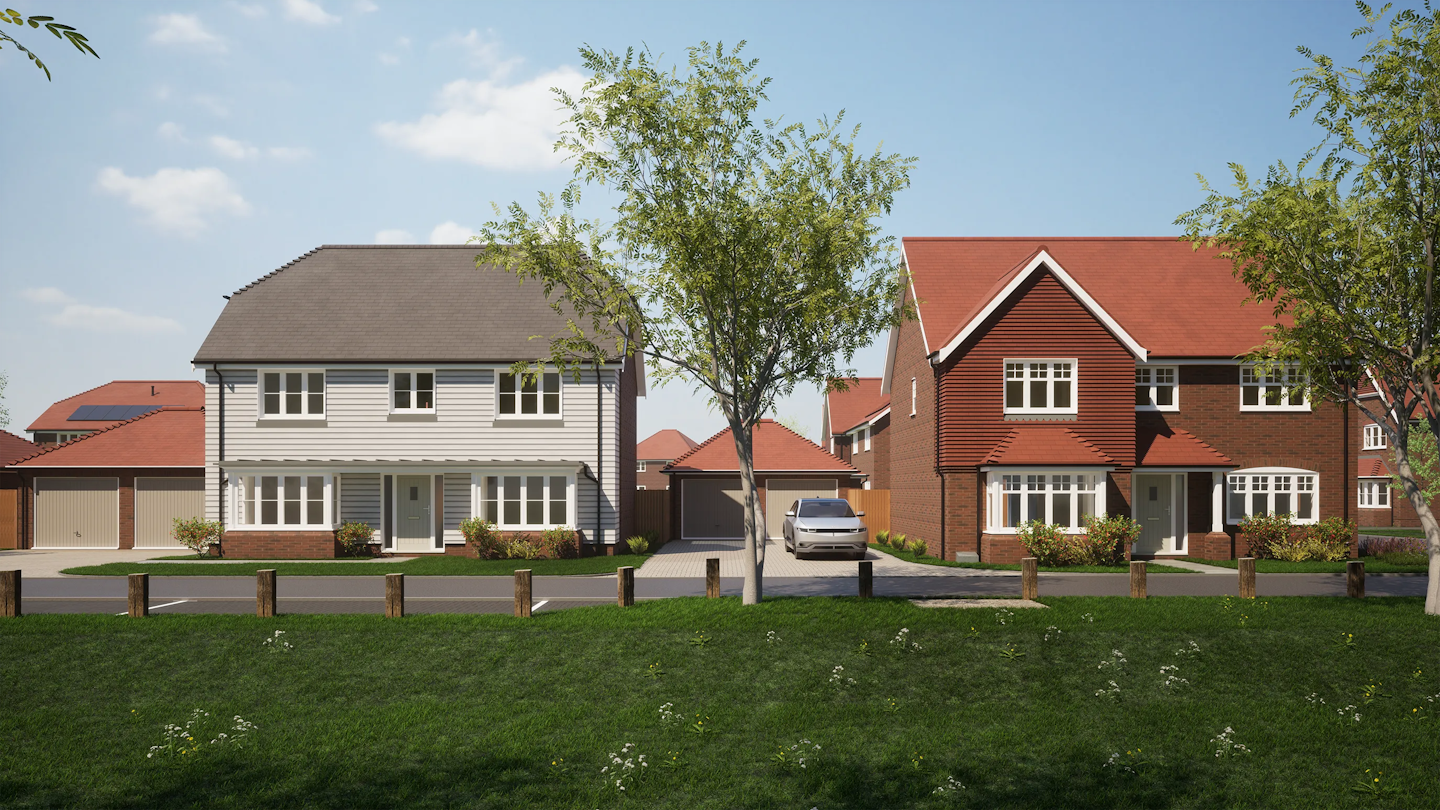 CGI of A suburban neighborhood with two houses is featured. The house on the left has a light-colored exterior and a grey roof, while the house on the right has a red brick facade and a red roof. Both homes have well-maintained front lawns and driveways, with a car parked in the right-side driveway. Trees and shrubs frame the scene, with a grassy area and small flowers in the foreground.