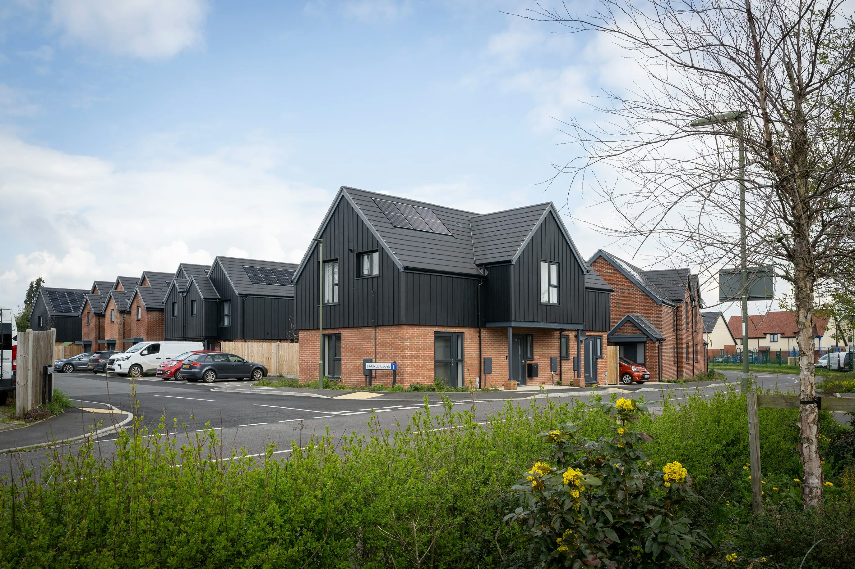 Modern residential development on a clear day, featuring newly built houses with pitched roofs fitted with solar panels. The homes combine red brick and black cladding for a contemporary look. Several cars are parked in front of the properties, and the foreground includes leafy bushes with yellow flowers. A leafless tree stands to the right, hinting at early spring or late autumn.