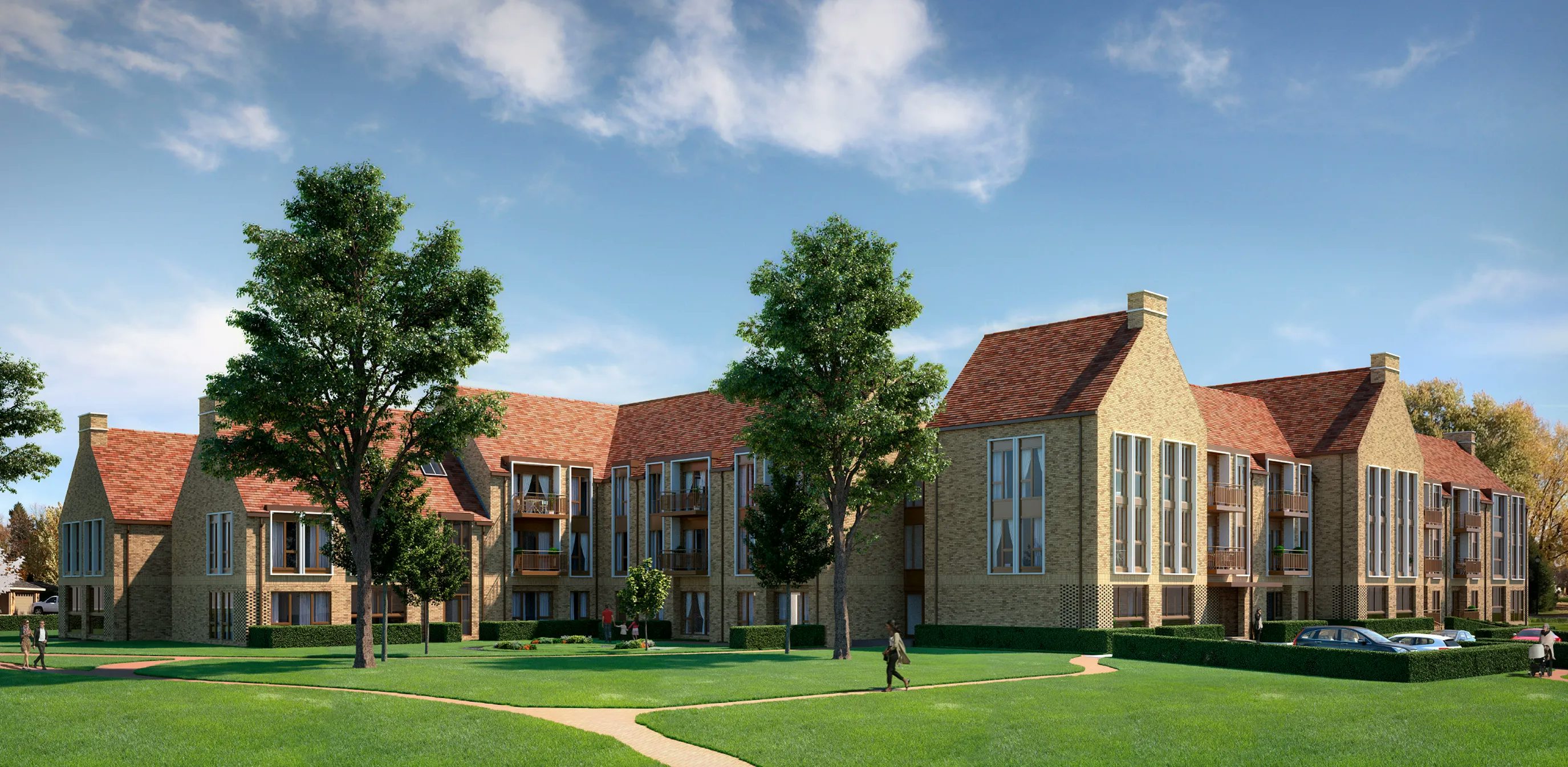 CGI of a modern residential complex featuring multiple brick buildings with red-tiled roofs and spacious balconies. The structures are surrounded by lush green lawns, mature trees, and paved walkways where a few people are walking. Several parked cars line the driveways, and the scene is lit by a bright, partly cloudy sky—conveying a peaceful, well-maintained suburban environment.