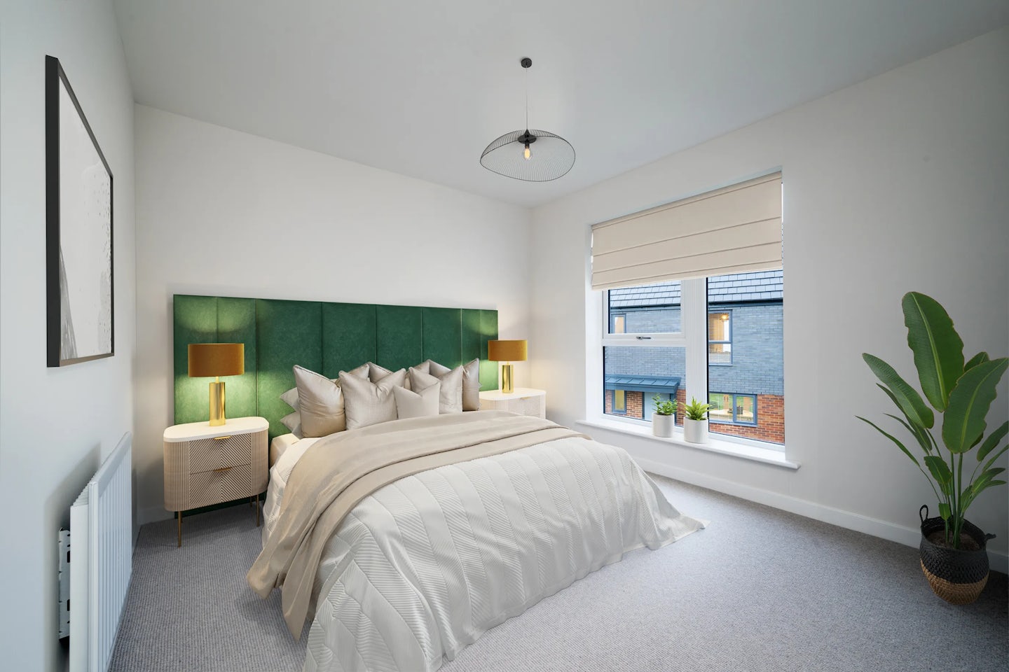 A contemporary bedroom with a soft, inviting atmosphere. A large bed with a green upholstered headboard and beige bedding is centrally positioned, flanked by matching bedside tables topped with gold lamps. Natural light filters through a window with a beige roller blind, illuminating potted plants on the windowsill. A light grey carpet covers the floor, and a tall green plant in a black pot adds a touch of nature in the corner. The white walls are minimally decorated, featuring a single framed picture, and a modern ceiling light fixture hangs overhead. Would you like to adapt this for a specific audience or platform, or refine the emotional tone or thematic focus?