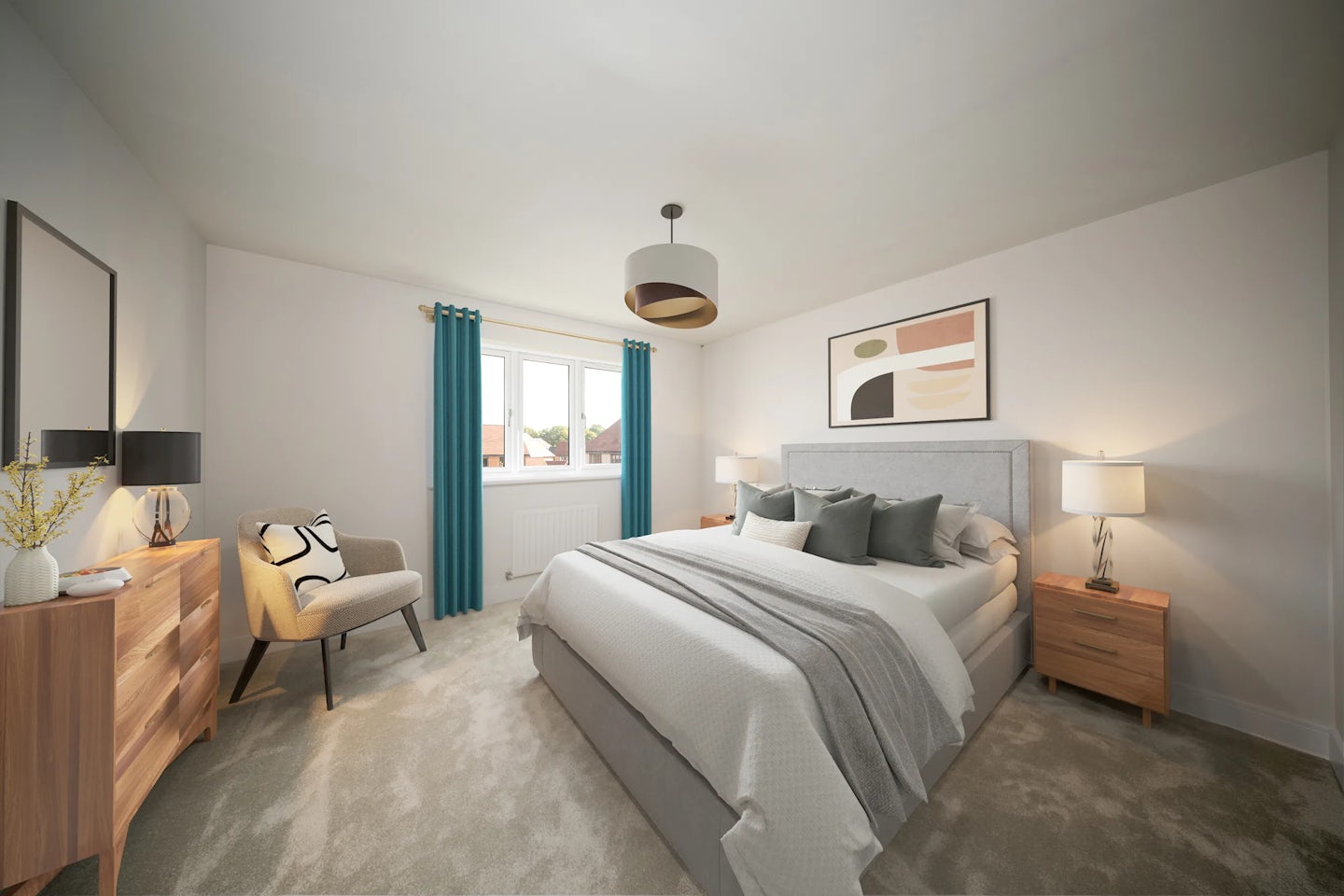 A modern bedroom with a soft, neutral palette. A large bed with a grey upholstered headboard is dressed in white bedding, complemented by grey pillows and a textured throw. Wooden nightstands with matching lamps flank the bed. To the left, a wooden dresser holds a vase of yellow flowers and a sculptural decor piece, beside a beige armchair with a black-and-white patterned cushion. A large window framed by deep blue curtains lets in daylight, while an abstract artwork above the bed and a contemporary ceiling light add finishing touches. The atmosphere feels calm, stylish, and thoughtfully arranged.