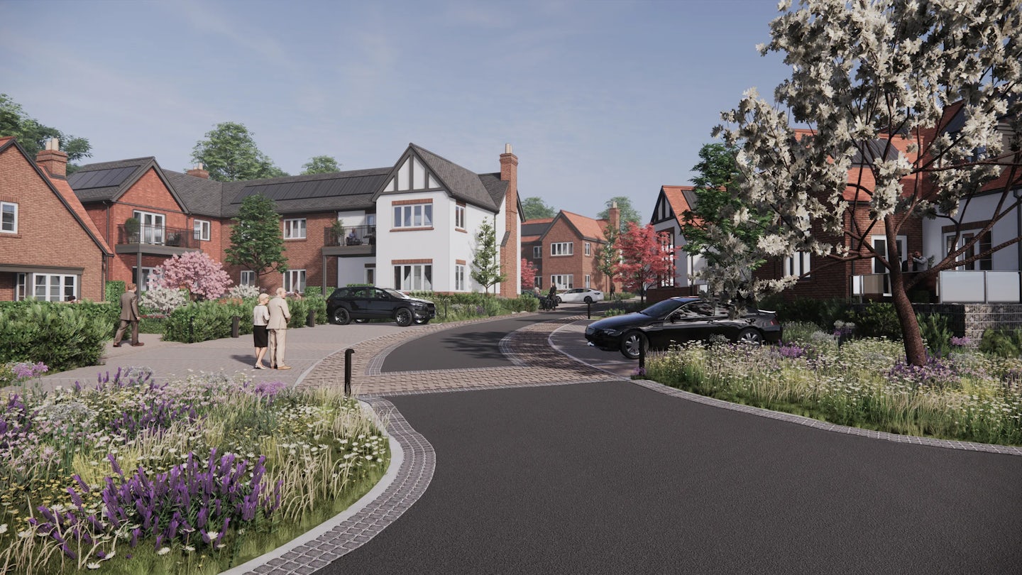 CGI of a well-kept residential street with modern brick and white houses, landscaped front gardens, and a few parked cars. People walk along the wide sidewalk, framed by flowering plants and greenery, suggesting a peaceful, community-oriented atmosphere.