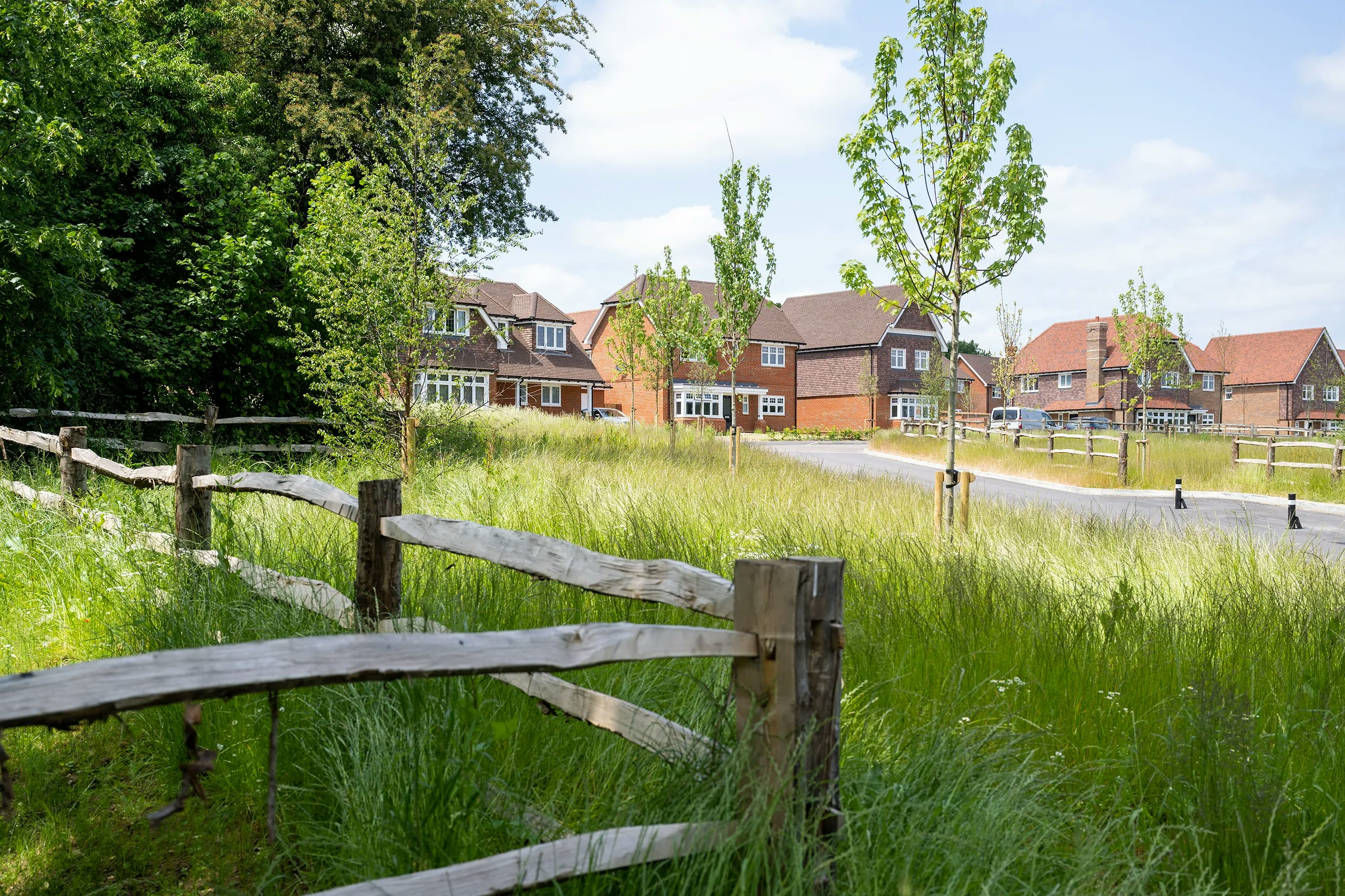 A scenic suburban street curves gently past a row of brick houses with tiled roofs, bordered by a low wooden fence in the foreground. Tall grass and mature trees line the roadside, contributing to a peaceful, green atmosphere. The neighborhood appears quiet and well-kept, bathed in soft daylight that enhances its calm, residential charm.