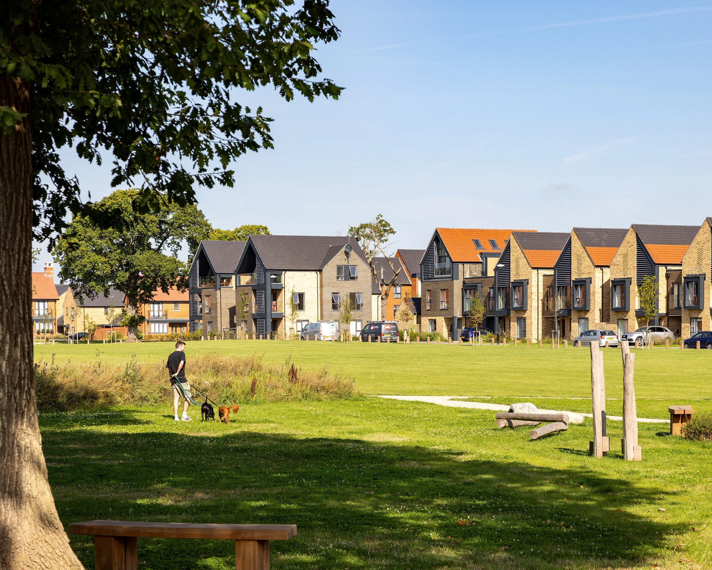 A well-maintained residential neighbourhood with modern houses in various neutral tones, all facing a wide, village green. In the foreground, a person walks two dogs near a wooden bench under a tree, evoking a sense of peaceful suburban living.