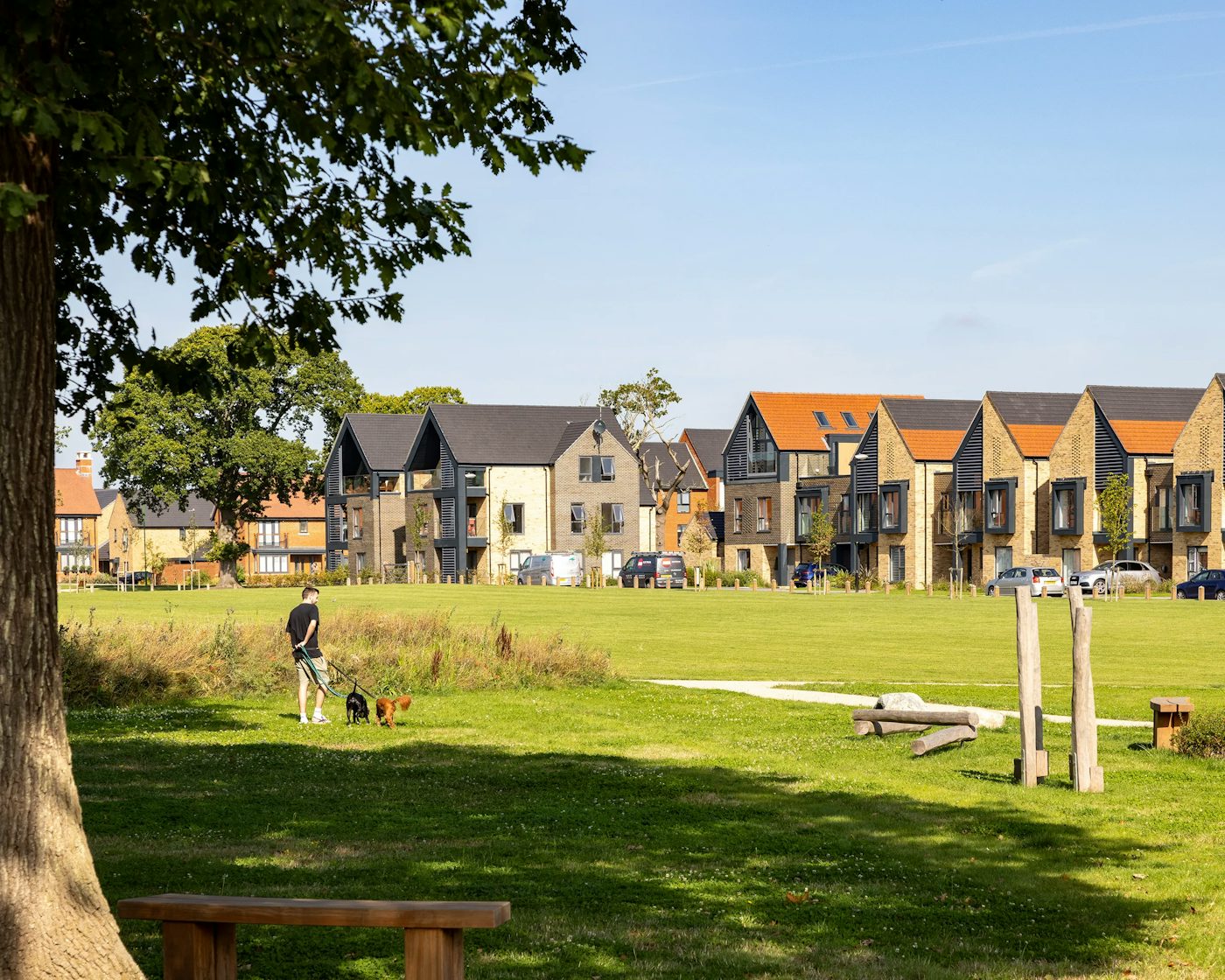 A well-maintained residential neighbourhood with modern houses in various neutral tones, all facing a wide, village green. In the foreground, a person walks two dogs near a wooden bench under a tree, evoking a sense of peaceful suburban living.