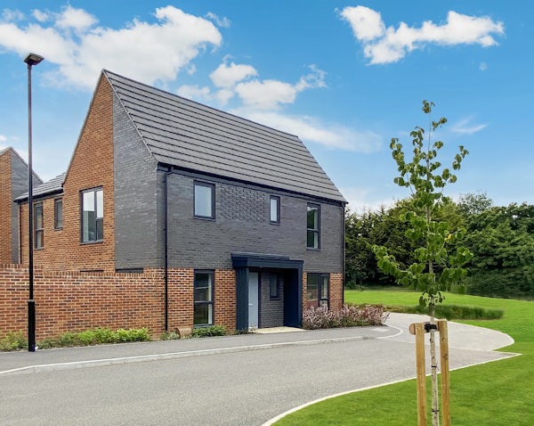 A modern two-story house with dark grey and red brick cladding, featuring a pitched grey-tiled roof and multiple rectangular windows. A young tree, supported by wooden stakes, stands in the neat front yard near a curved residential road and streetlamp. A similar house and green foliage appear in the background under a lightly clouded sky.