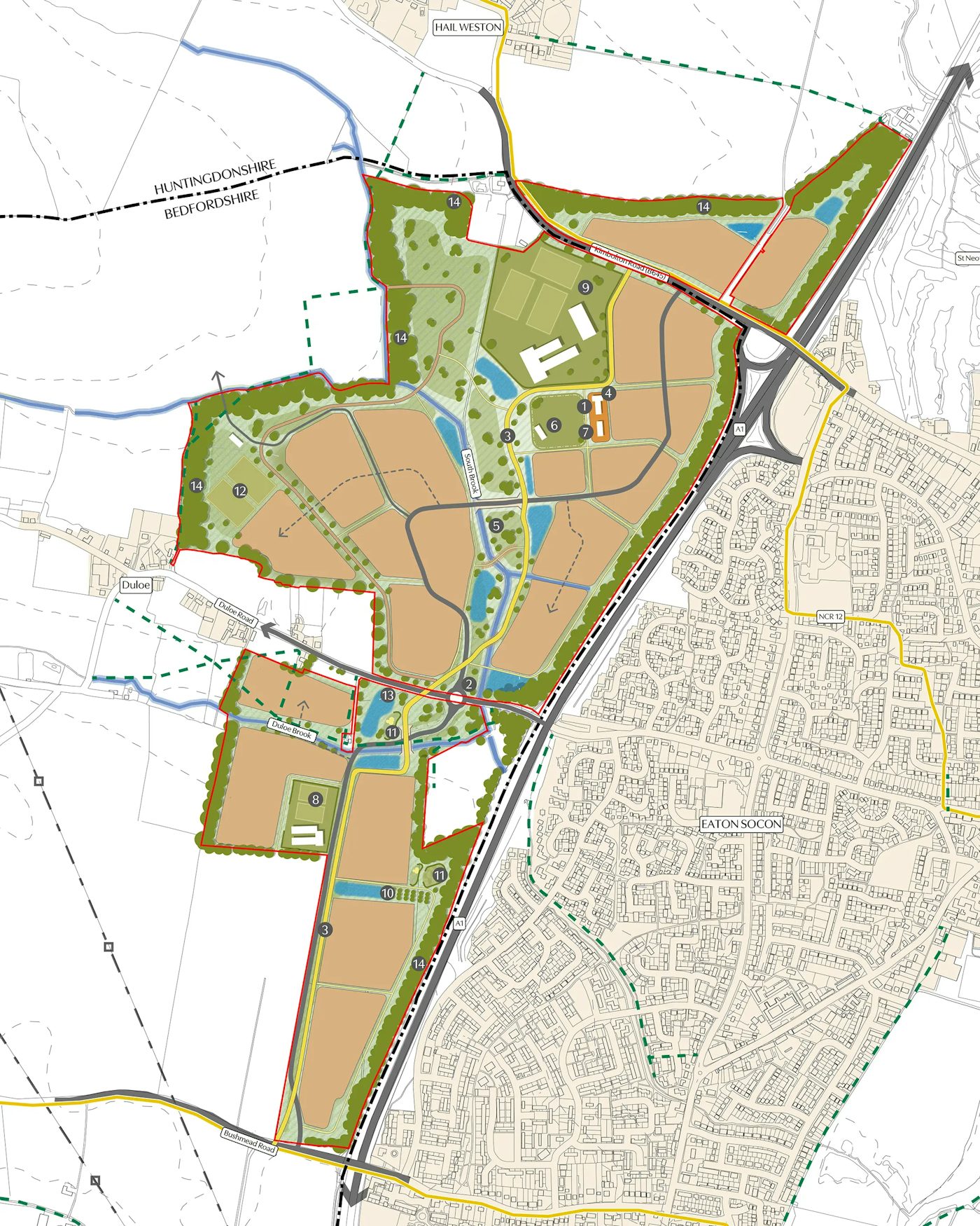 Masterplan for proposed homes at Eaton Bank, Bedfordshire