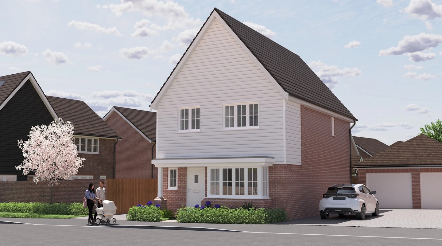 CGI of a two-story suburban home with white siding and red brick accents, set behind a small front garden featuring green shrubs and purple flowers. A white car is parked in the driveway, while a pedestrian pushes a stroller along the sunny, tree-lined pavement. A flowering tree and wooden fence border the neighboring house, creating a peaceful, family-friendly atmosphere under a lightly clouded sky.
