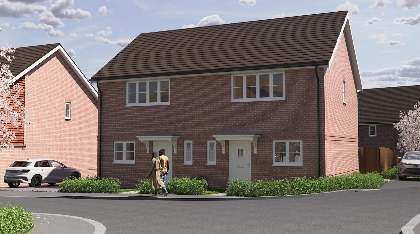 CGI of a semi-detached brick home with two front entrances, each framed by white doors and windows, suggesting separate living units. A white car is parked in the driveway, while two people walk past on the tree-lined sidewalk. Subtle greenery surrounds the home, and the partly cloudy sky casts soft daylight across the peaceful suburban street.