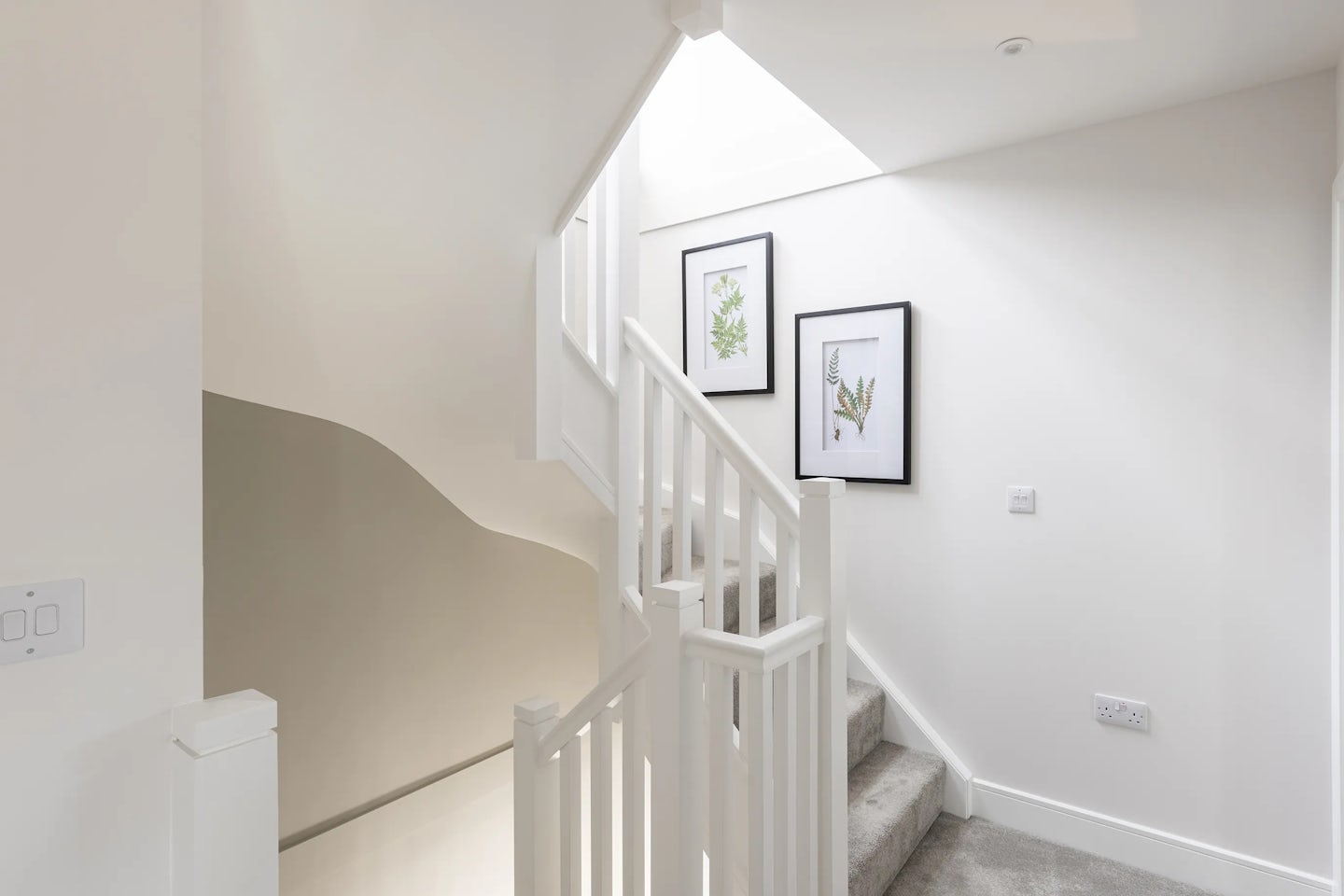 Interior staircase with white-painted railing and grey carpeted steps, ascending toward a well-lit landing beneath a rectangular skylight. Two botanical prints hang on the adjacent white wall, positioned above a light switch and outlet that suggest domestic functionality.