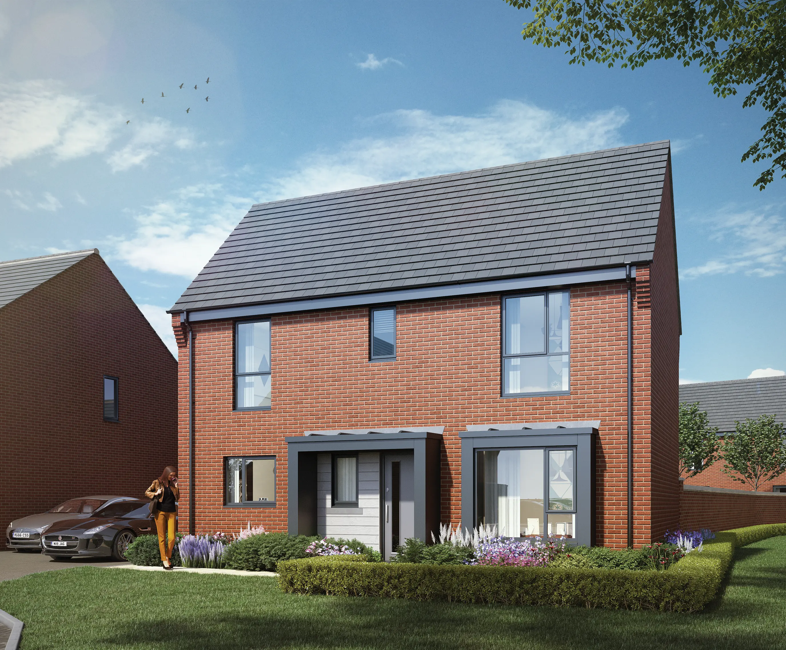 CGI of a modern two-story brick house with a grey tiled roof, featuring front door and large windows. A well-kept garden with green grass, shrubs, and flowers surrounds the home. A woman stands near a parked car on the left, while birds fly in the partly cloudy sky above, adding a sense of calm and liveliness.