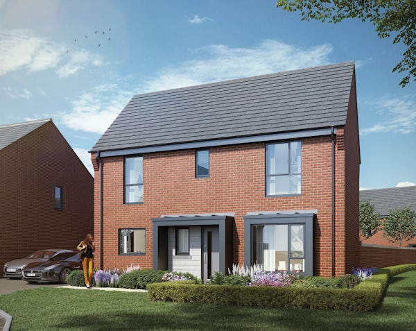 CGI of a modern two-story brick house with a grey tiled roof, featuring front door and large windows. A well-kept garden with green grass, shrubs, and flowers surrounds the home. A woman stands near a parked car on the left, while birds fly in the partly cloudy sky above, adding a sense of calm and liveliness.