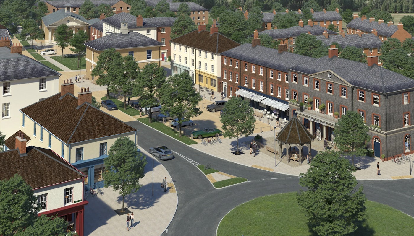 CGI aerial view of a small town centre featuring a roundabout with cars, surrounded by two- to three-story buildings with mixed residential and commercial use, including storefronts and outdoor seating areas. Tree-lined streets add greenery to the picturesque and well-maintained community