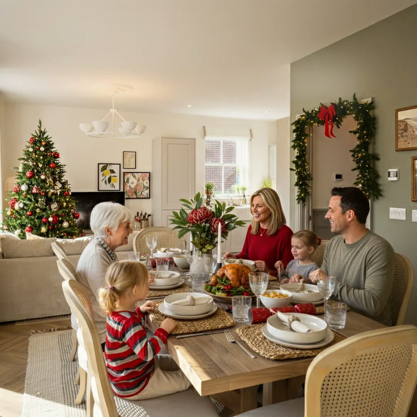 Festive dining scene in a modern open-plan home with a decorated Christmas tree in the background. A wooden dining table is set with plates, glasses, and a centerpiece of greenery and candles, with a roast turkey and side dishes arranged for a holiday meal. A garland with a red bow hangs on the wall near the doorway.