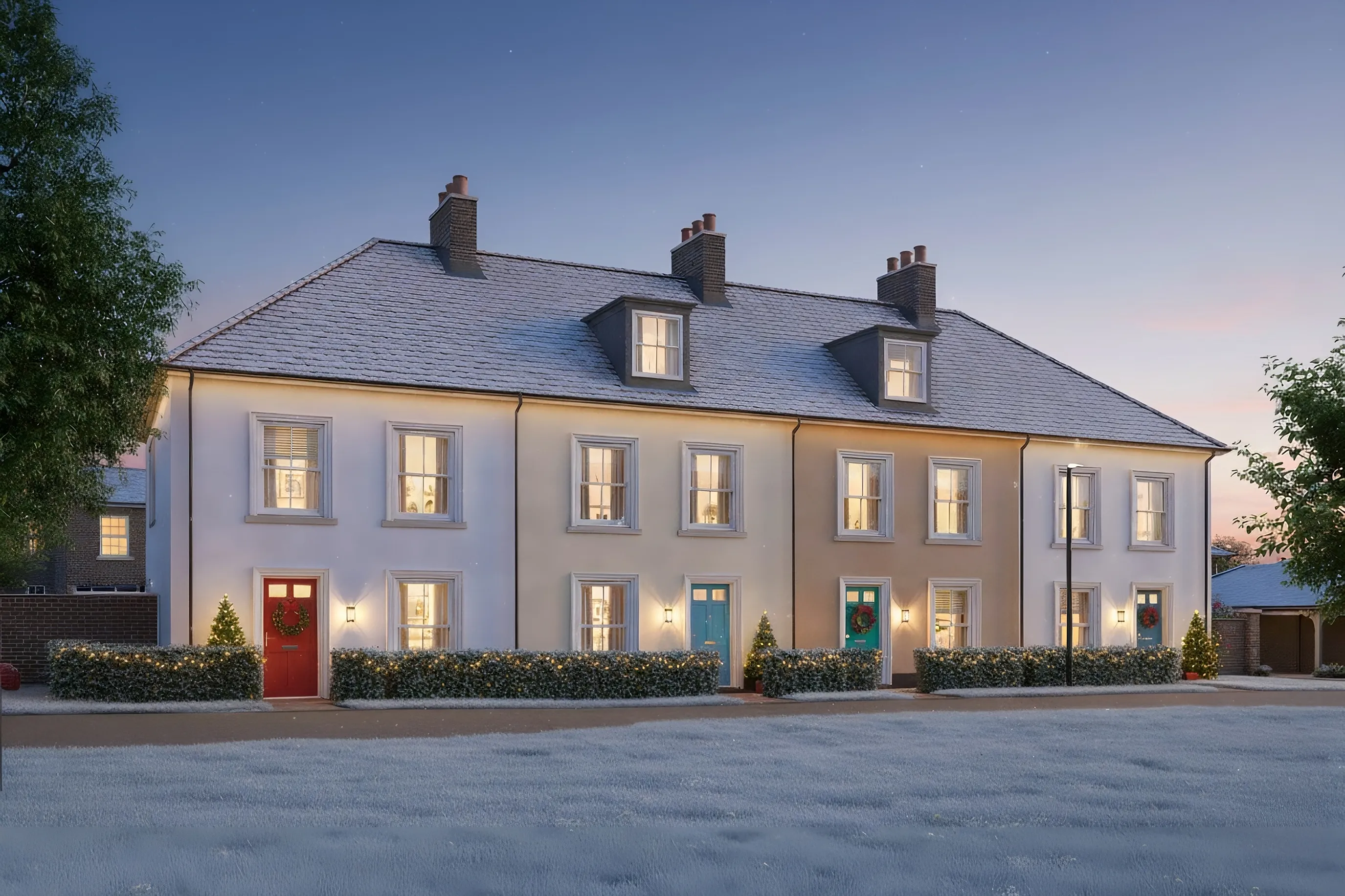 Row of elegant three-story townhouses with white façades and pitched roofs, decorated for Christmas with wreaths on the doors, illuminated shrubs, and small lit trees by the entrances. The photo is taken at dusk with warm interior lights glowing through the windows.