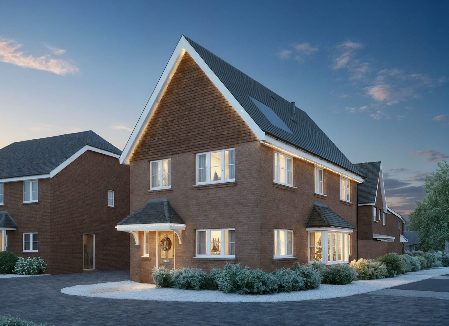 Two-story brick house with a steep pitched roof and dormer windows, decorated for Christmas with warm white lights along the roofline and a wreath on the front door. The photo is taken at dusk with interior lights glowing through large windows and landscaped shrubs around the entrance.