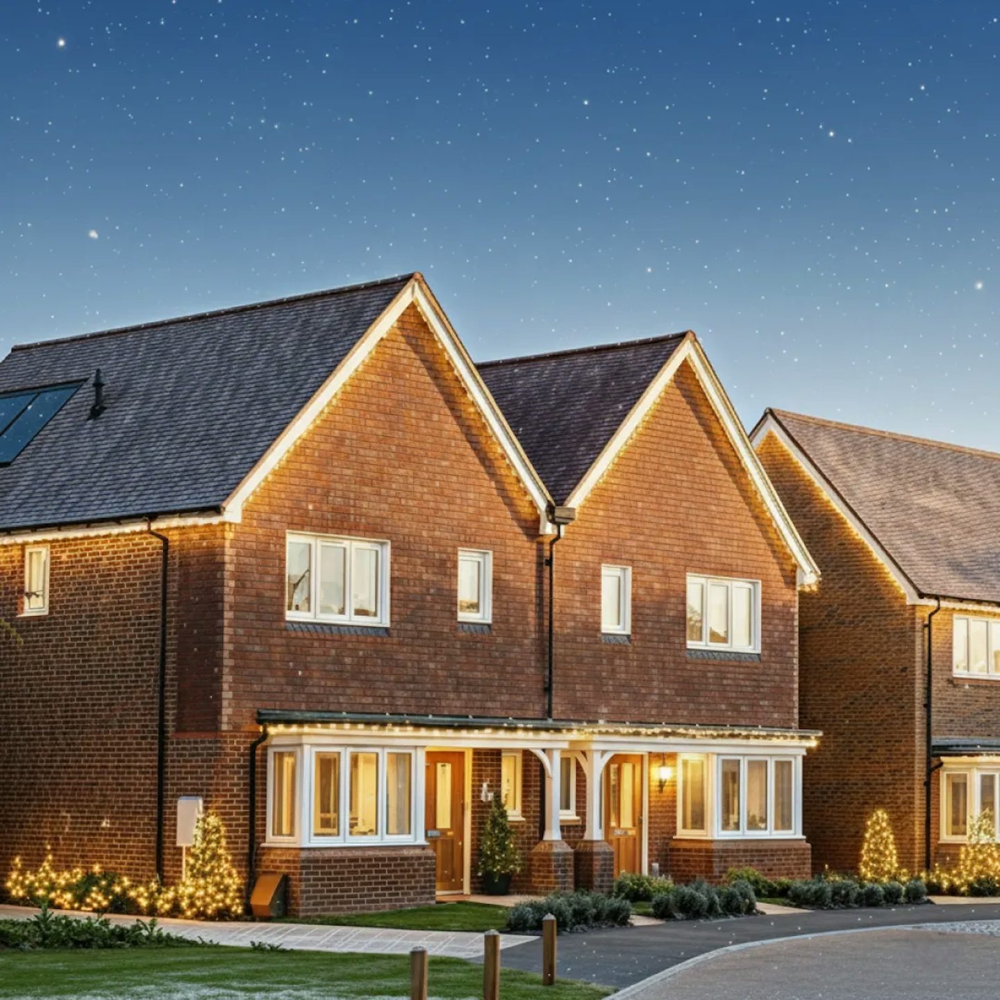 Two-story brick house decorated for Christmas with warm white lights along the roofline and around the porch, wreaths on the doors, and illuminated shrubs and trees in the front garden. The photo is taken at dusk under a clear starry sky.