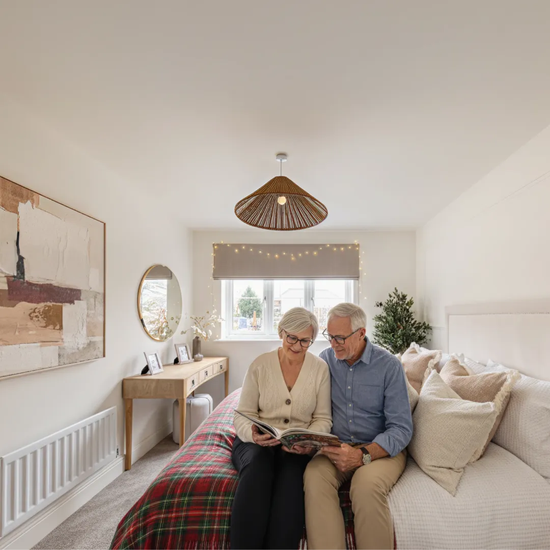 Two people sitting on a bed in a bright, modern bedroom with neutral décor, reading a book together. The room features a wooden dressing table with a round mirror, a large abstract painting, a woven pendant light, and a window with a roller blind and string lights. A Christmas tree is visible in the corner.