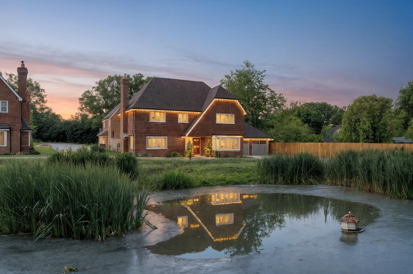 Large detached brick house decorated with warm white Christmas lights along the roofline and around the entrance, viewed at dusk. The property is reflected in a pond surrounded by tall grasses, with a wooden fence and trees in the background.
