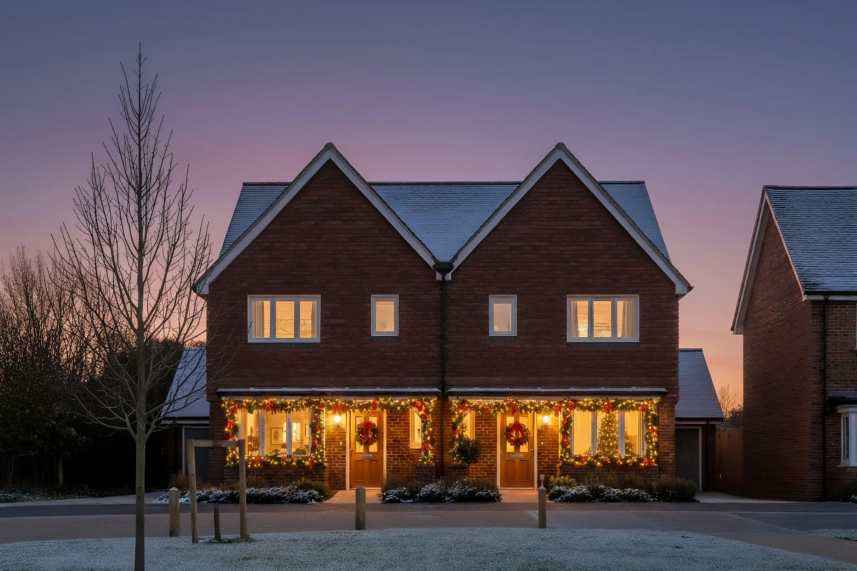 Two-story brick semi-detached house decorated for Christmas with garlands and wreaths around the porch, warm white lights, and glowing interior windows. The photo is taken at dusk with a frosty driveway and bare tree in the foreground.