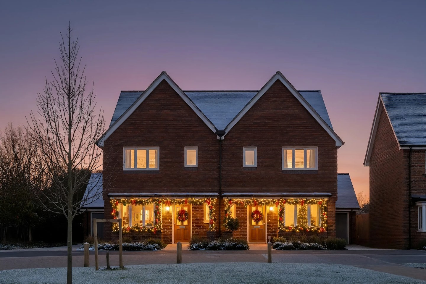 Two-story brick semi-detached house decorated for Christmas with garlands and wreaths around the porch, warm white lights, and glowing interior windows. The photo is taken at dusk with a frosty driveway and bare tree in the foreground.