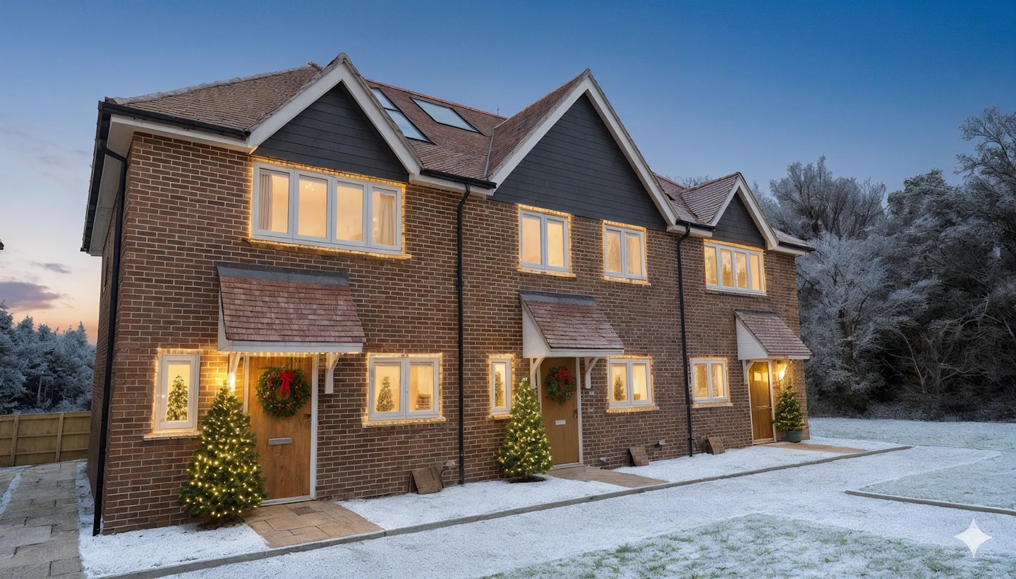 Row of modern semi-detached houses with brick façades and pitched roofs, decorated for Christmas with warm white lights around windows, wreaths on doors, and illuminated trees by the entrances. A light dusting of snow covers the ground, and trees in the background appear frosted.
