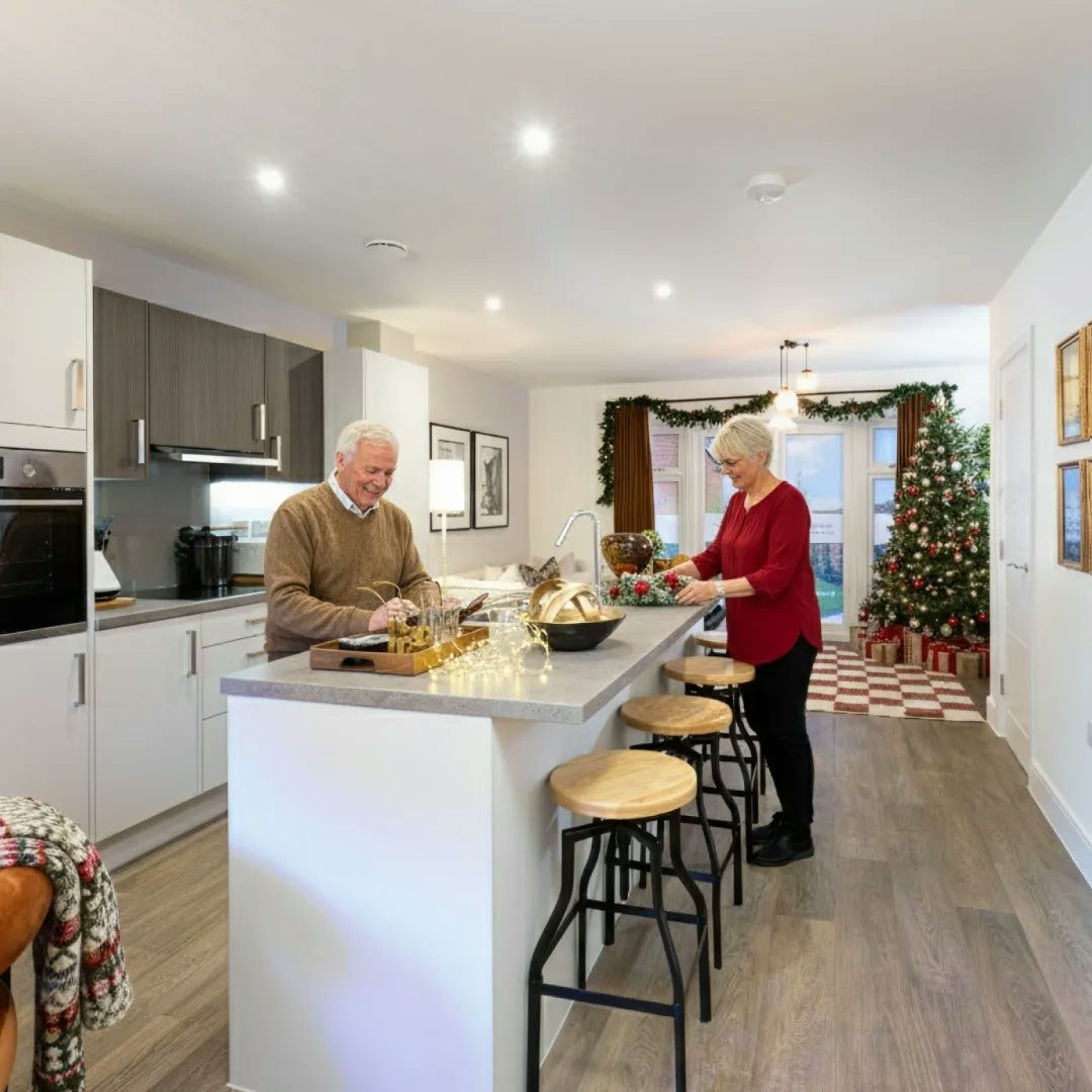 Two people standing at a kitchen island in a modern open-plan home decorated for Christmas. The kitchen features white and dark gray cabinets, wooden flooring, and festive garlands with lights on the island and around the doorway. A decorated Christmas tree with wrapped presents is visible in the background.