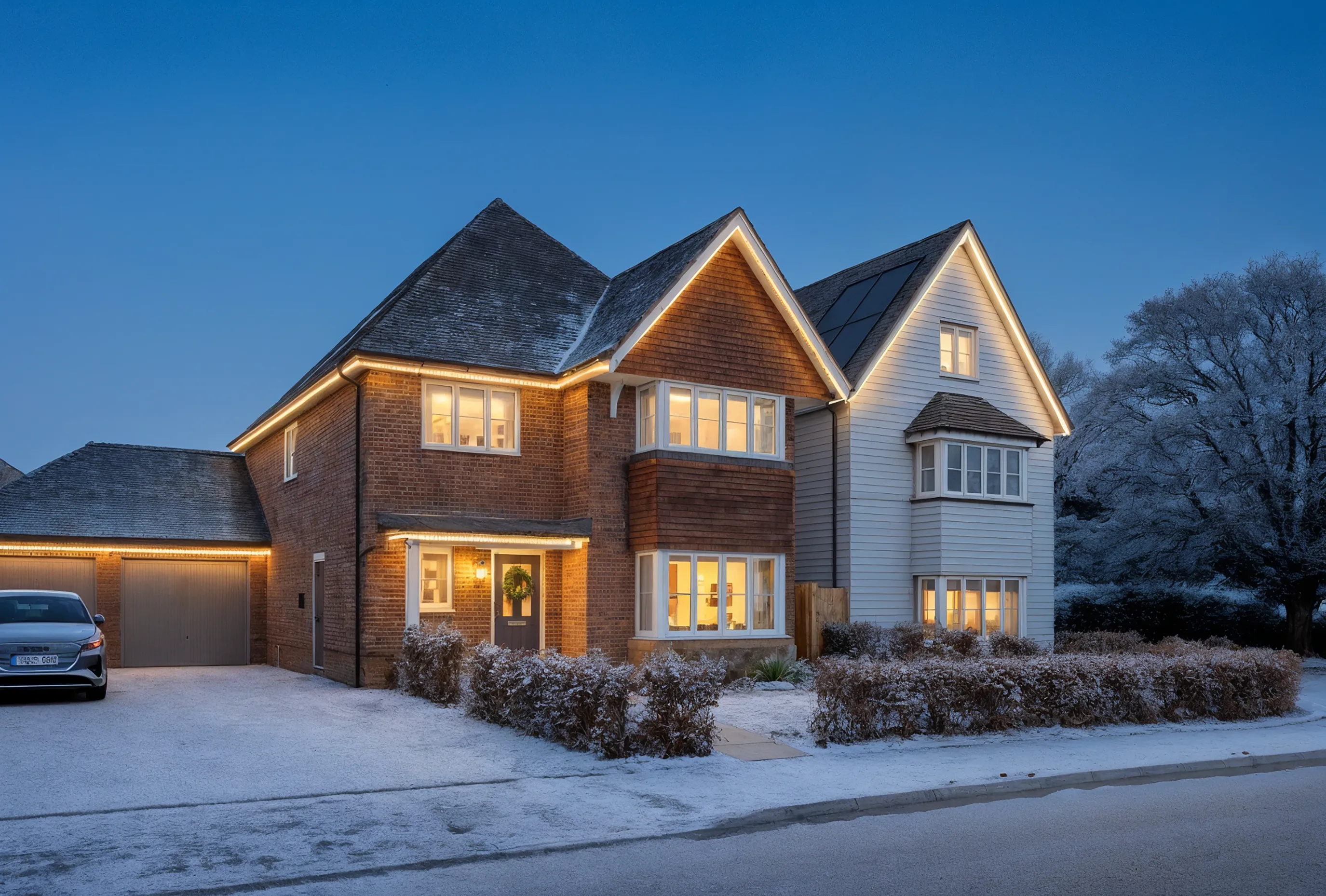 Two-story detached house with a mix of red brick and white cladding, decorated for Christmas with warm white lights along the roofline and a wreath on the front door. The property has a frosty driveway, a garage on the left, and landscaped shrubs in front, photographed at dusk.