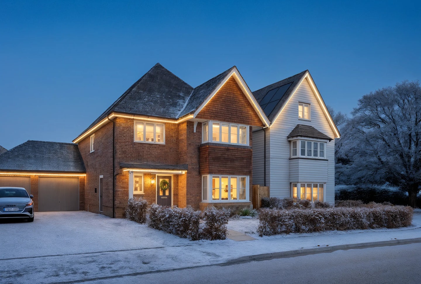 Two-story detached house with a mix of red brick and white cladding, decorated for Christmas with warm white lights along the roofline and a wreath on the front door. The property has a frosty driveway, a garage on the left, and landscaped shrubs in front, photographed at dusk.