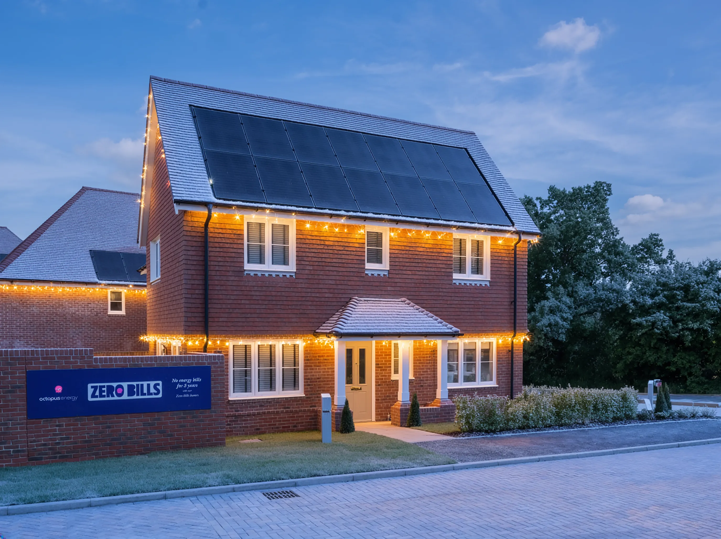 Modern two-story brick house with solar panels on the roof, decorated for Christmas with warm white lights along the roofline and around the porch. A sign in front reads “Zero Bills,” and the property is photographed at dusk with a paved driveway and landscaped shrubs.