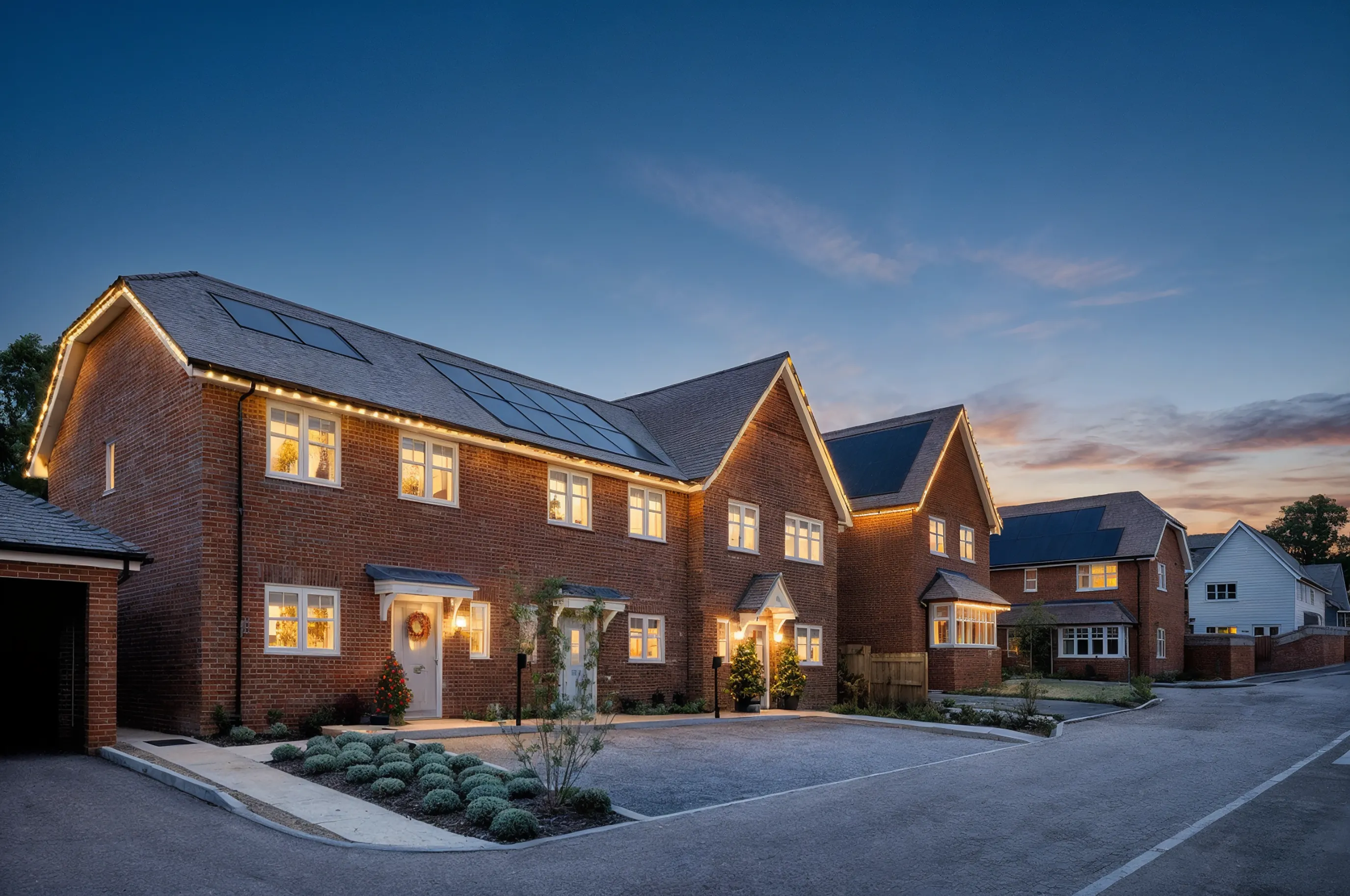 Row of modern brick houses with solar panels on the roofs, decorated for Christmas with warm white lights along the rooflines and wreaths on the doors. Small illuminated trees are placed at the entrances, and the photo is taken at dusk with a clear sky.