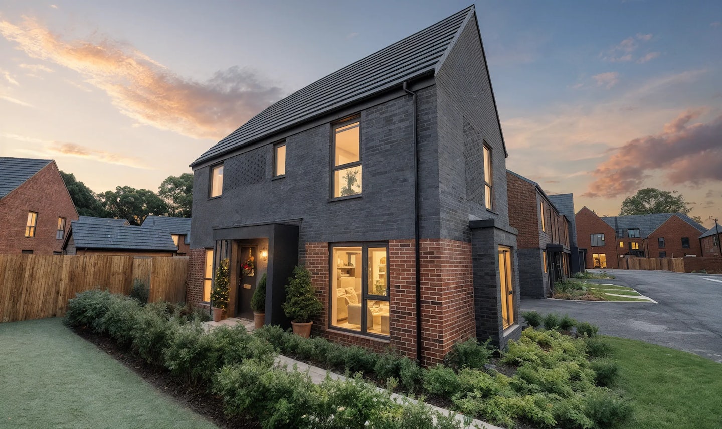 Modern two-story house with dark gray and red brick exterior, decorated for Christmas with warm white lights around the entrance and two illuminated trees by the doorway. The property features large windows glowing from interior lights, landscaped shrubs, and a paved driveway, photographed at sunset with a colourful sky.