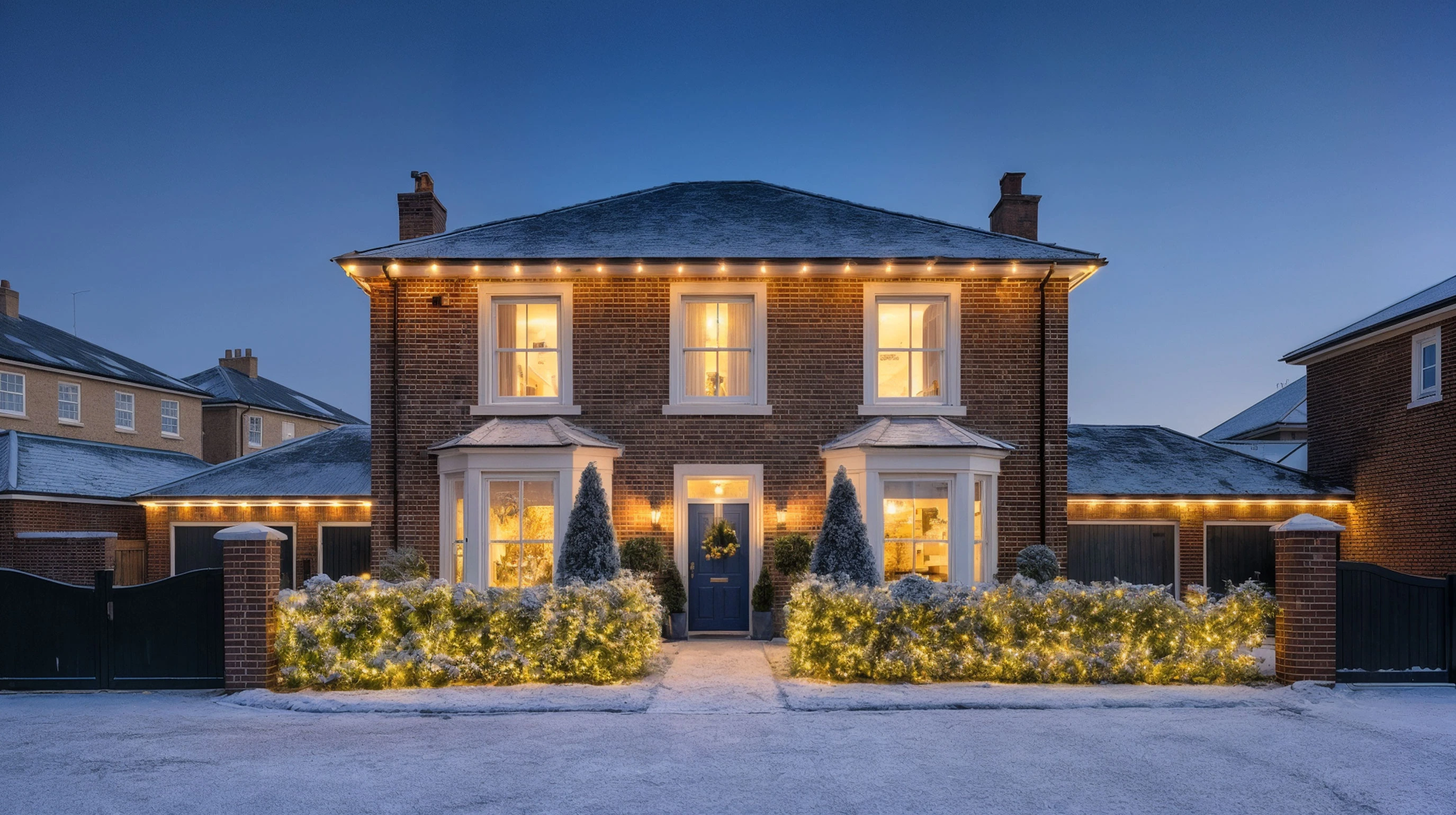 Large two-story brick house with symmetrical design, decorated for Christmas with warm white lights along the roofline and around the hedges. Two bay windows flank the front door, which features a wreath, and the garden is lined with illuminated shrubs. The photo is taken at dusk with a frosty driveway and clear sky.