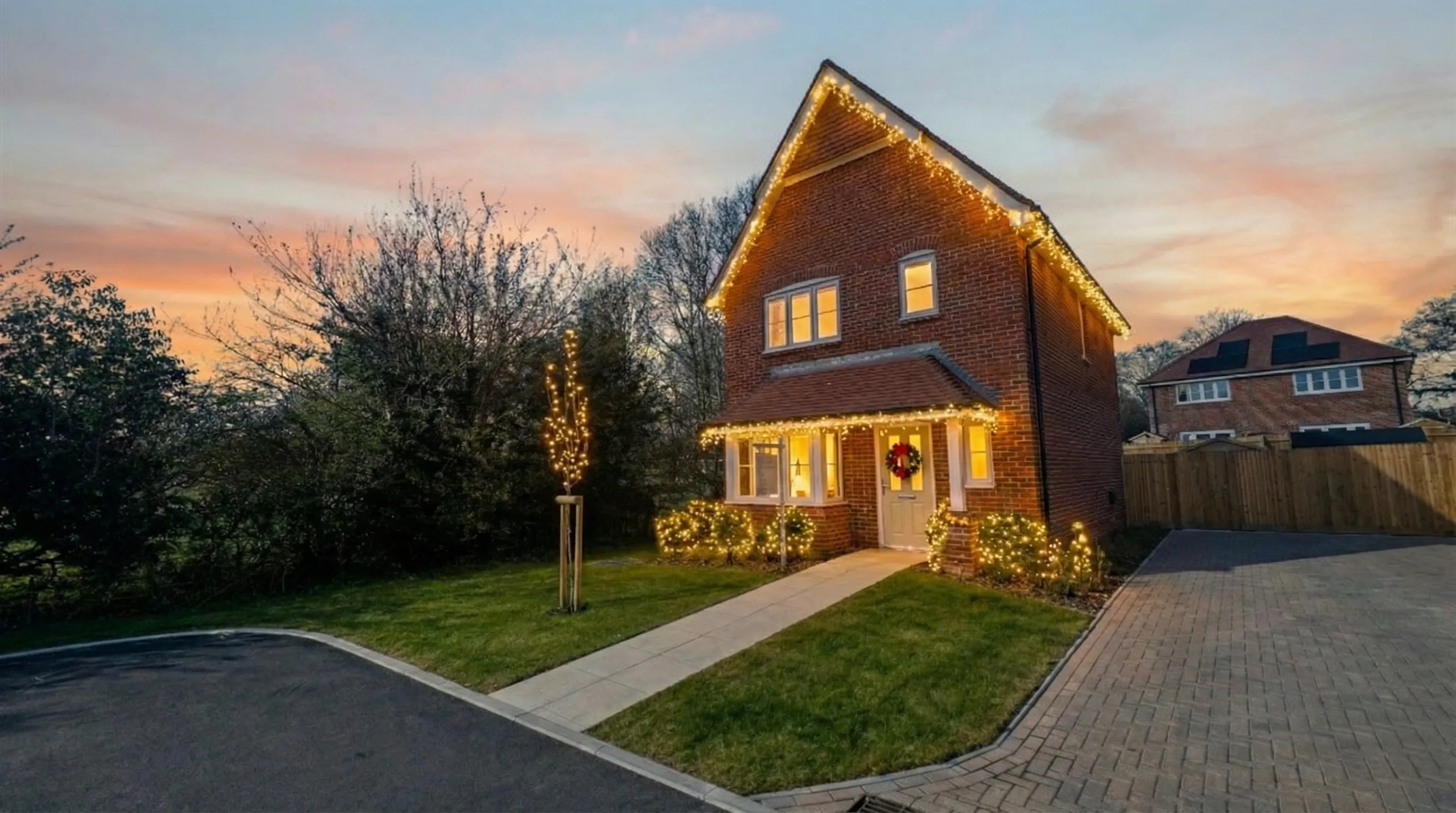 Two-story red-brick house with a pitched roof, decorated for Christmas with warm white lights along the roofline and porch, a wreath on the front door, and illuminated shrubs and a small tree in the front garden. The photo is taken at sunset with a colourful sky and landscaped driveway.