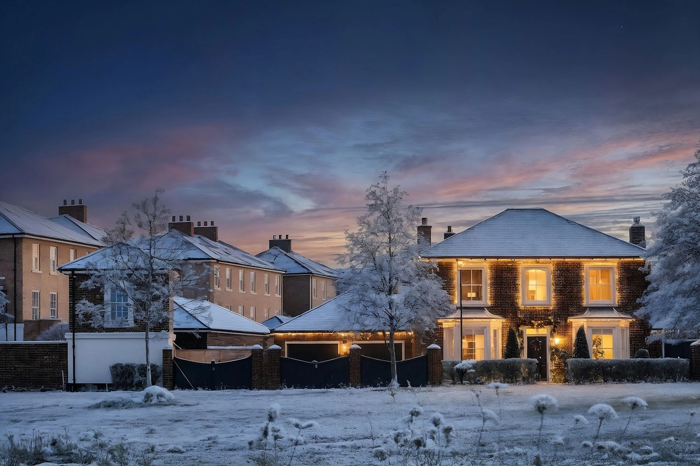 Row of large brick houses decorated for Christmas with warm white lights along the rooflines and glowing interior windows. Snow covers the ground and trees, and the photo is taken at dusk with a colorful sunset sky.