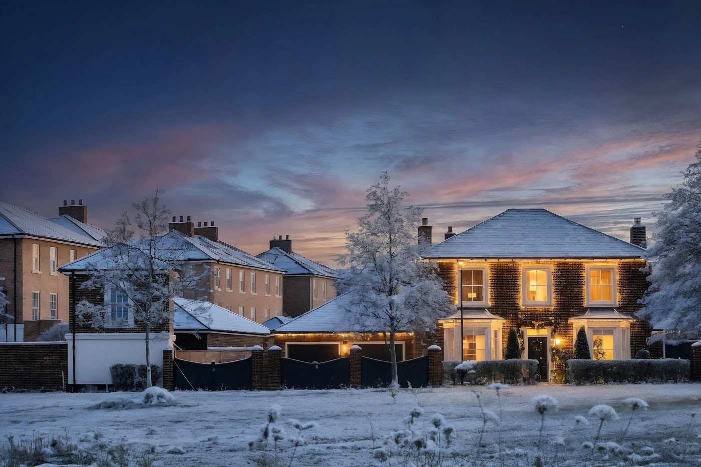 Row of large brick houses decorated for Christmas with warm white lights along the rooflines and glowing interior windows. Snow covers the ground and trees, and the photo is taken at dusk with a colorful sunset sky.