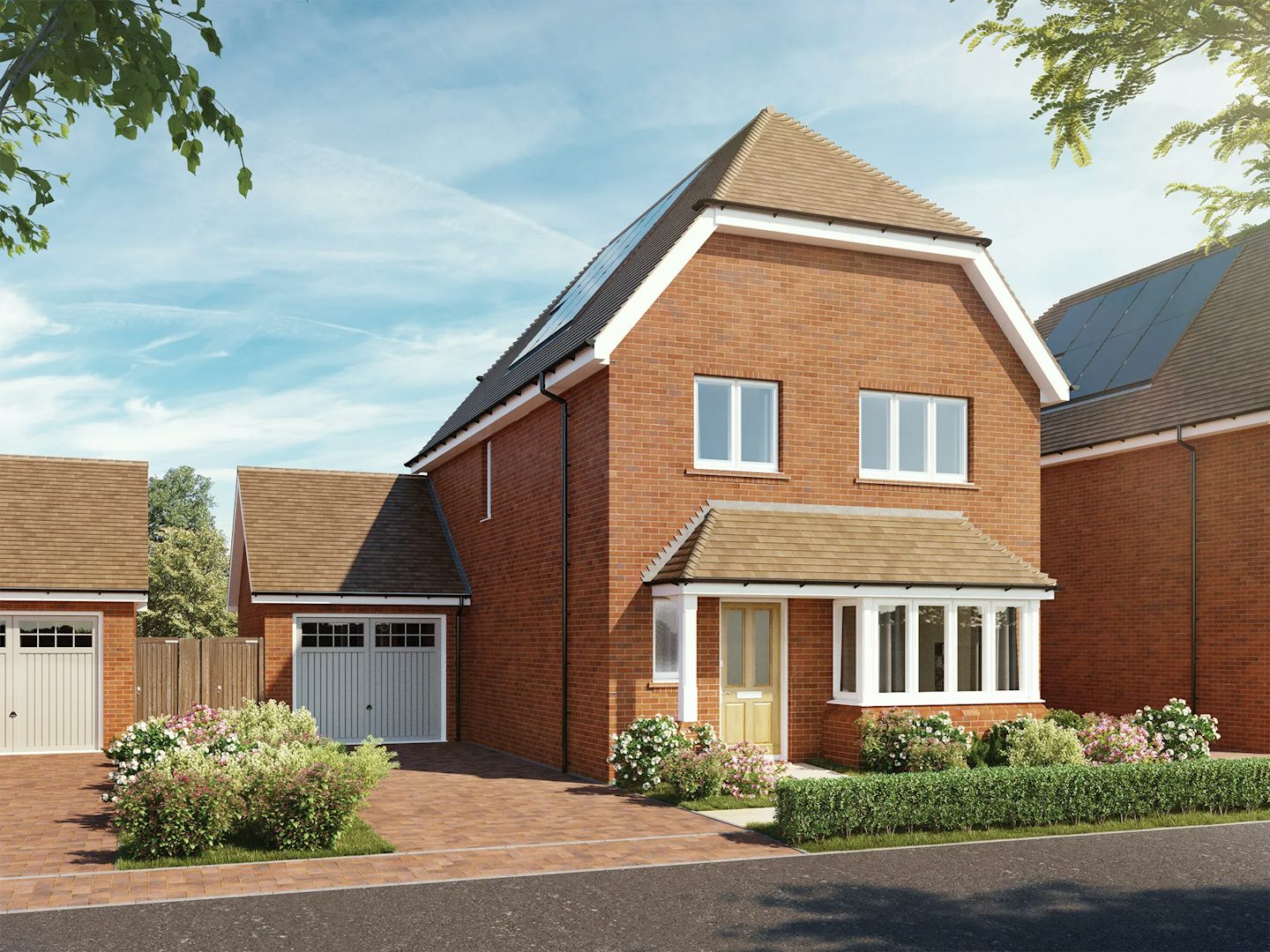 CGI of a modern suburban home with a red brick exterior and pitched roof, featuring white-framed windows and a wooden front door beneath a small porch with white columns. The house is set within a neatly maintained front garden bordered by low hedges, with a paved driveway leading to the side. A neighboring two-story house stands nearby, and the sky above is clear with wispy clouds, casting bright daylight over the peaceful residential scene